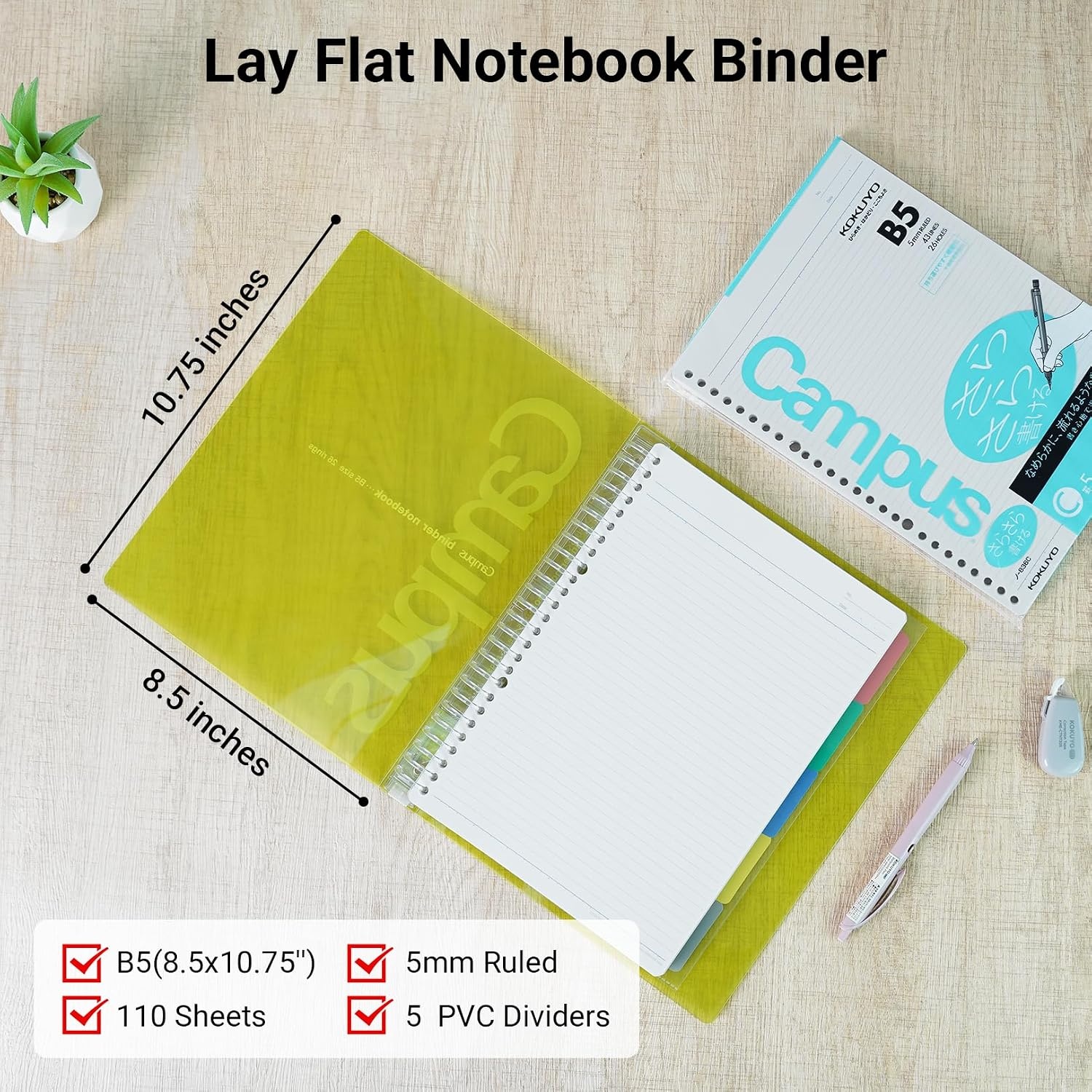 image:imageKOKUYO 5 Subject Spiral Notebook Campus B5 Refillable Journal with 5 Tab Dividers 100 Sheets in 5mm Ruled Loose Leaf Paper Green RUP333NG amp NO836CYellow