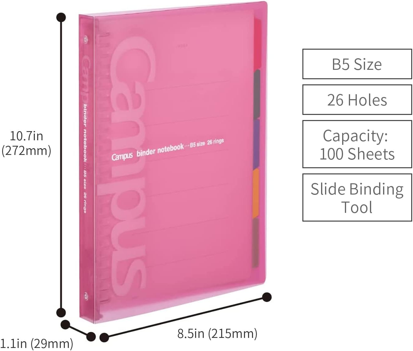 image:imageKOKUYO 5 Subject Spiral Notebook Campus B5 Refillable Journal with 5 Tab Dividers 200 Sheets in 6mm Dotted Ruled Loose Leaf Paper Pink RUP333NP amp NOS836BT