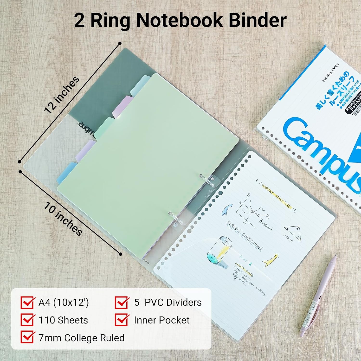 image:imageKOKUYO 5 Subject Spiral Notebook Journal Campus 110 Sheets A4 Refillable Notebook with Dividers Tabs College Ruled Binder Notebook for Work School Note taking BlueLight Blue