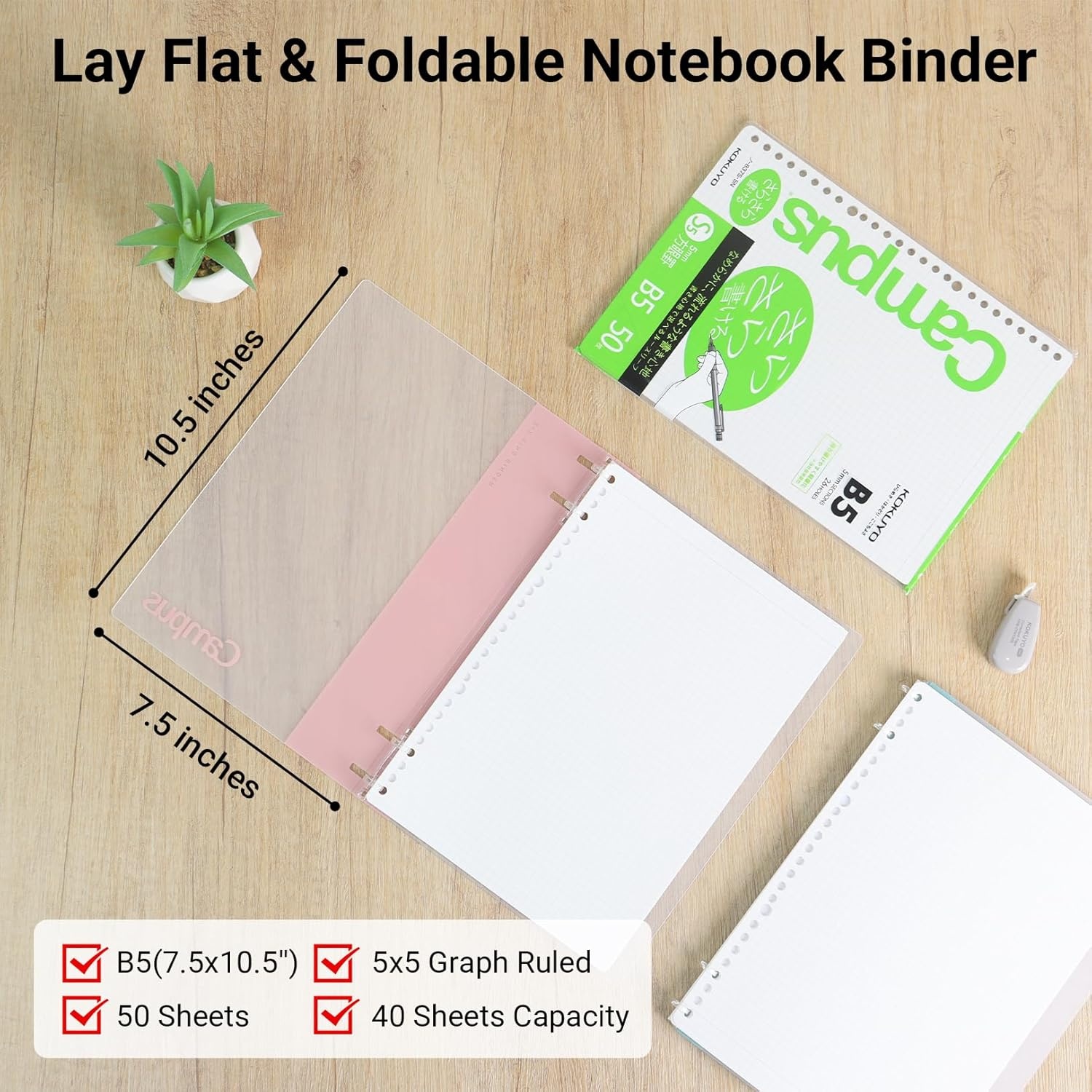 image:imageKOKUYO Campus 2x2 Spiral Binder Notebook Set B5 Refillable Notebook 50 Refill Papers with 5x5 Graph Ruled 40 Sheet Capacity Navy Perfect for Work Study amp JournalLight Pink
