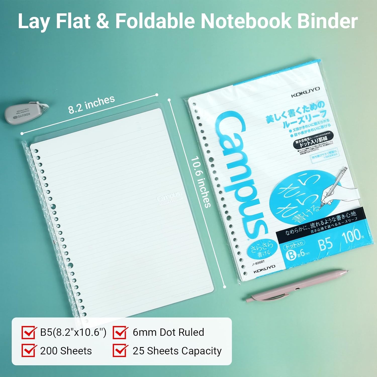image:imageKOKUYO Campus Smart Ring Binders 8 Pack B5 Notebooks Binder 25 Sheets Capacity 26 Holes Slim Binder Folder and 200 Sheets Looseleaf Paper for Work Study and Journal