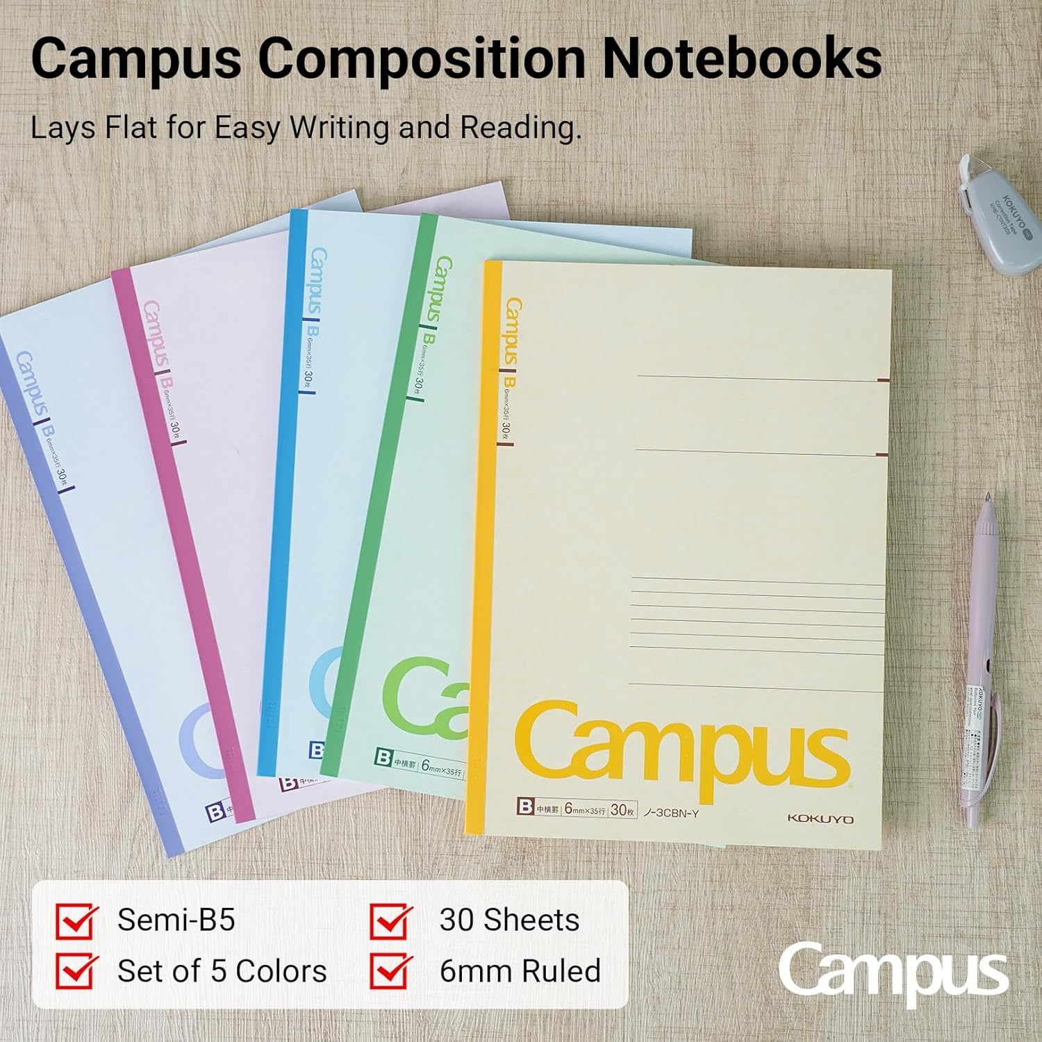 image:imageKOKUYO Composition Notebooks 5 Pack Campus SemiB5 Comp Book with A 7mm Ruled 30 Sheets Classic School Lined Notebook Journal Notebook for Women Work Study Note Taking NO3CANx5SemiB5