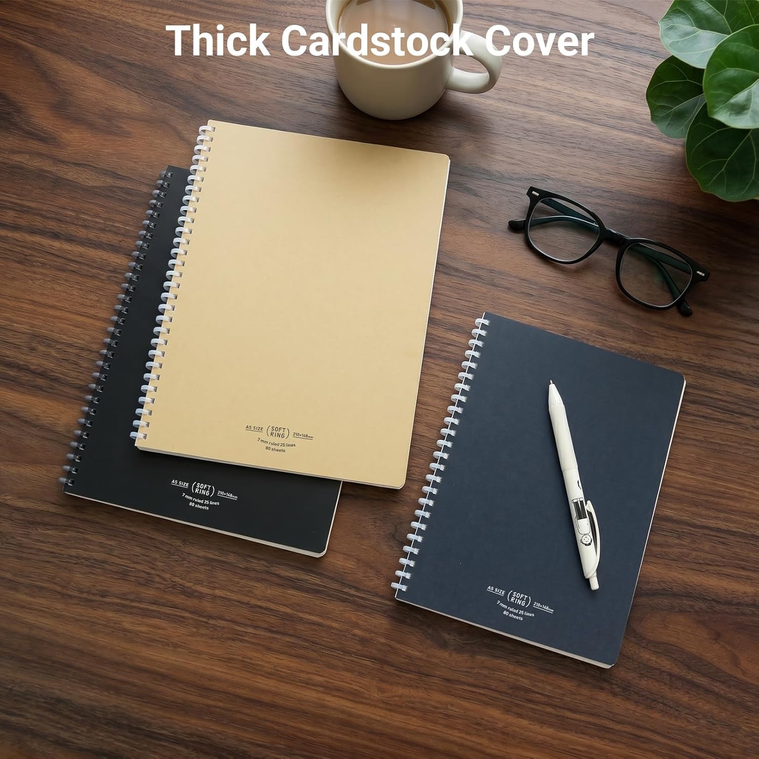 image:imageKOKUYO D Shaped Soft Ring Notebook 7mm Rule 25 Lines 80 Sheets A5 Natural Style Set of Black Beige Navy SUSV638AB5 80 Sheets