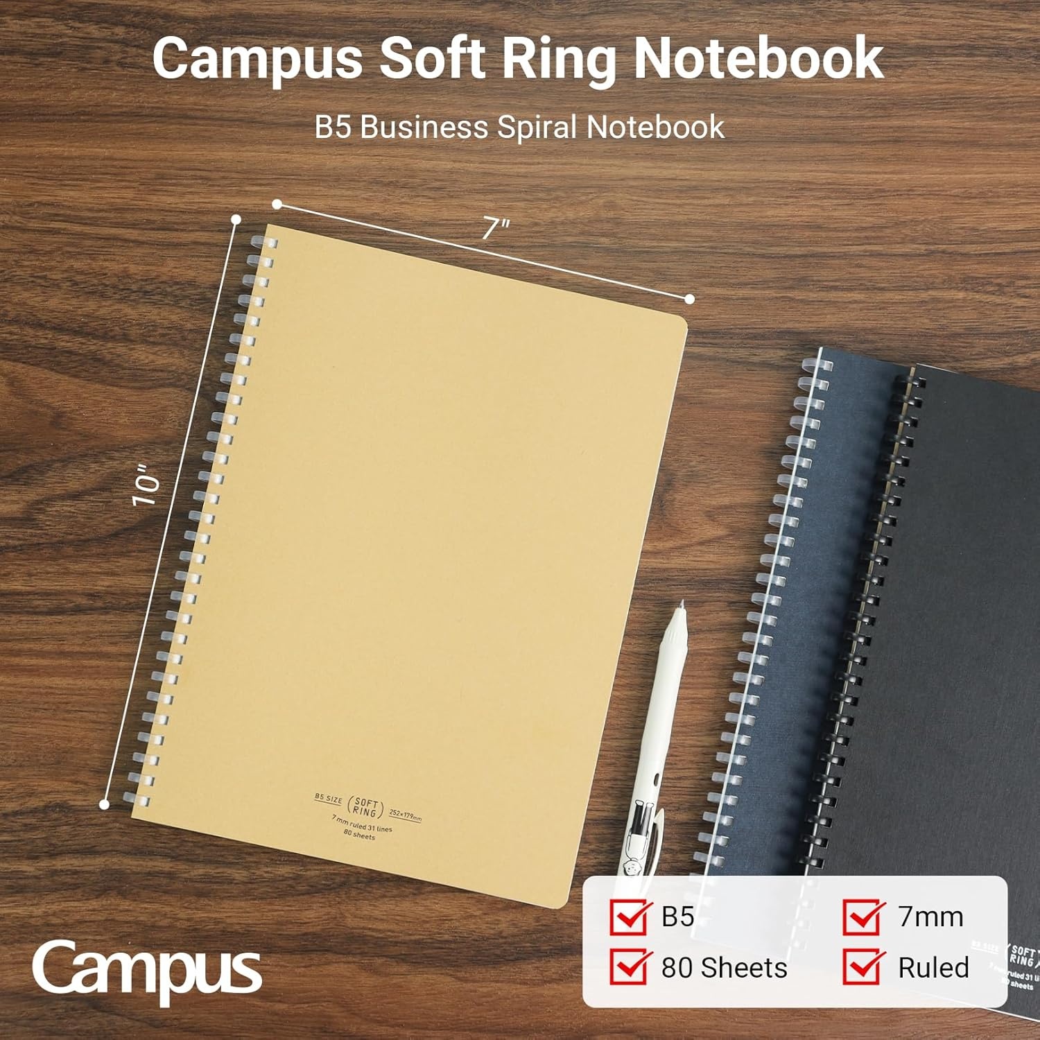 image:imageKOKUYO D Shaped Soft Ring Notebook 7mm Rule 25 Lines 80 Sheets A5 Natural Style Set of Black Beige Navy SUSV638AB5 80 Sheets