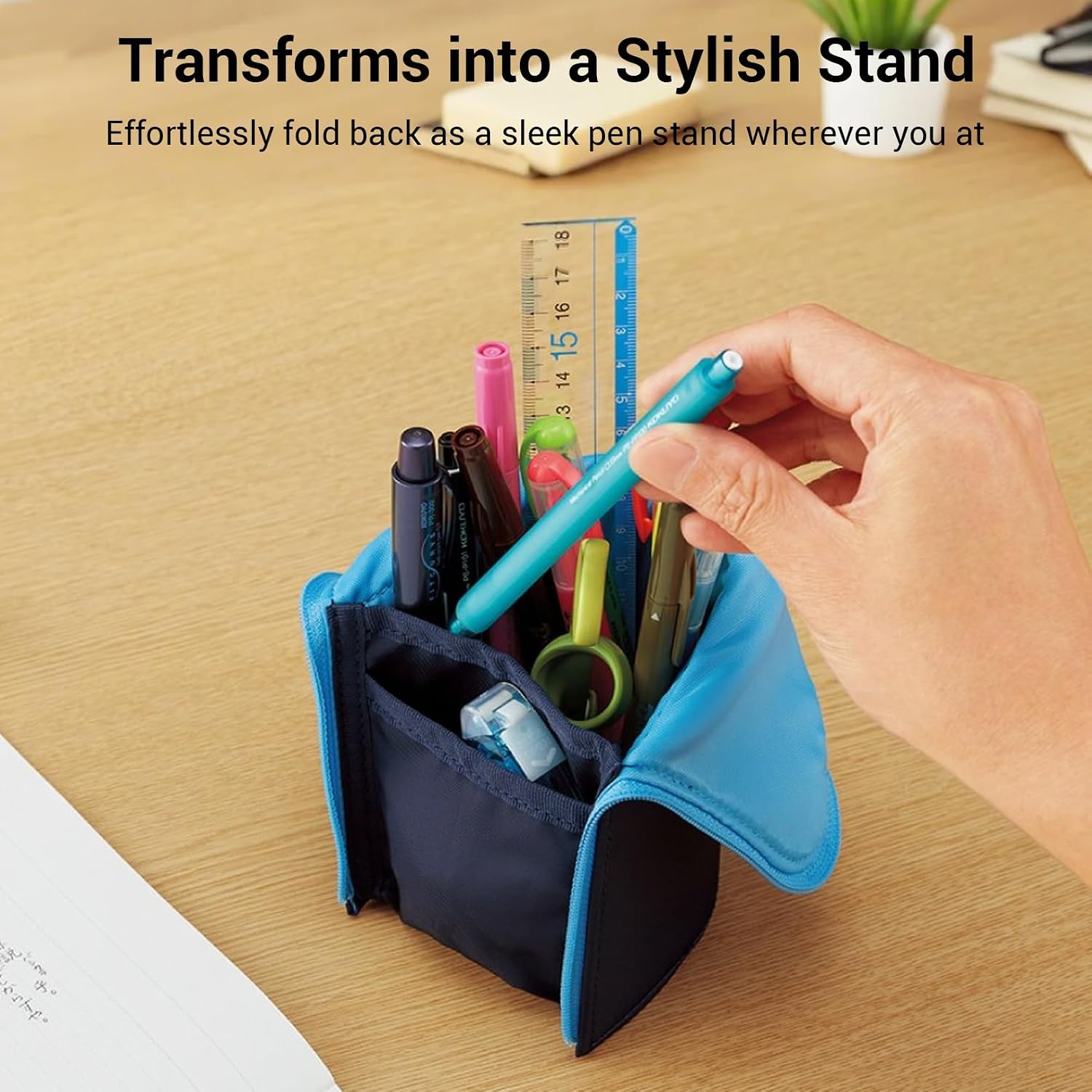 image:imageKOKUYO Pencil Case Pouch Neo Critz Standing Pen Pouch Bag Foldable Stand up Pencil Holder Organizer Small Portable Pencil Box for Office Home amp College Use Blue x Navy Regular Size FVBF1803Navy x Light Blue