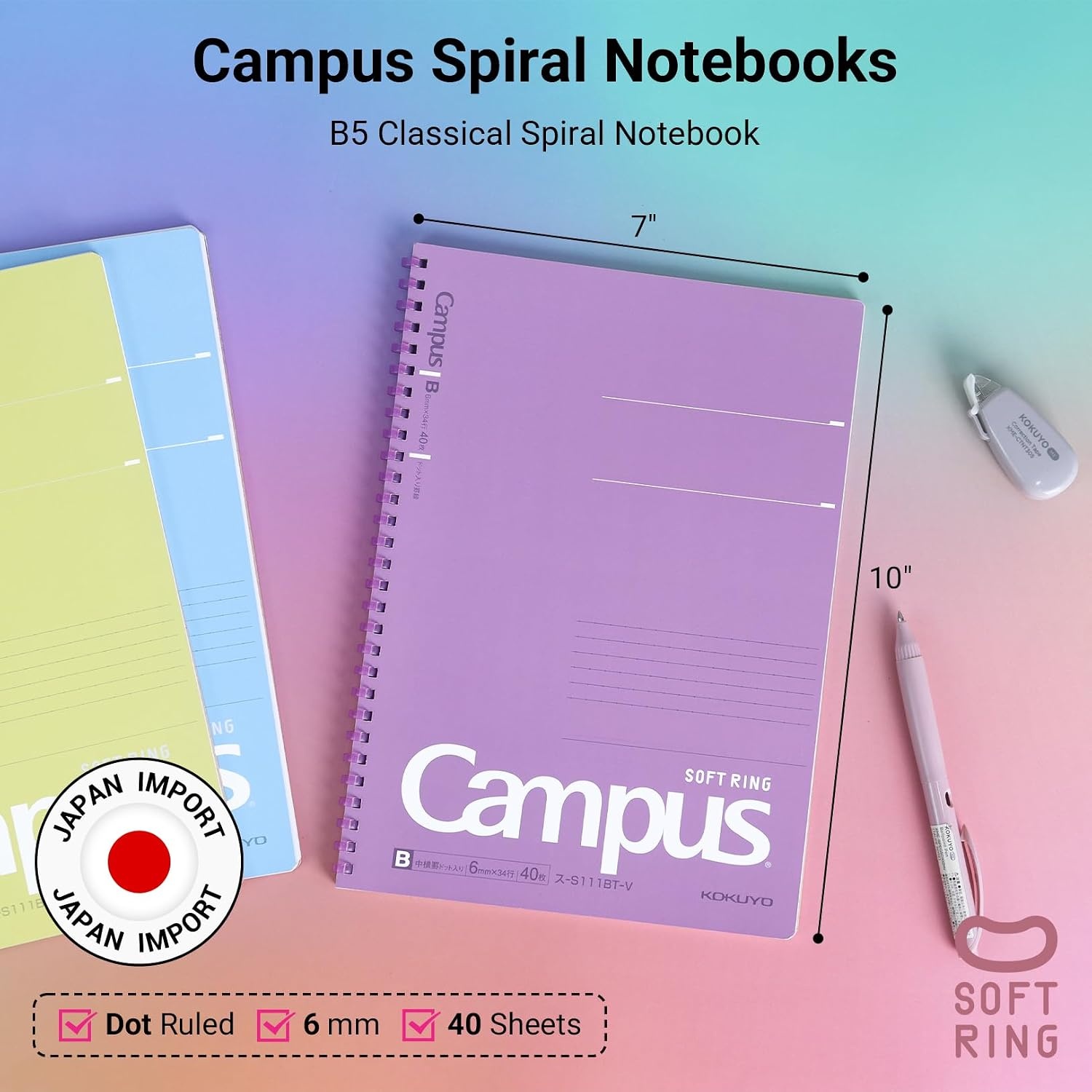 image:imageKOKUYO Spiral Lined Notebook 5 Pack 10 x 7 Pastel Journal B5 Campus Soft Ring Notebooks with Dot 6 mm Ruled 40 Sheets 1 Subject Notebook Note Taking for School SUS111BTB5