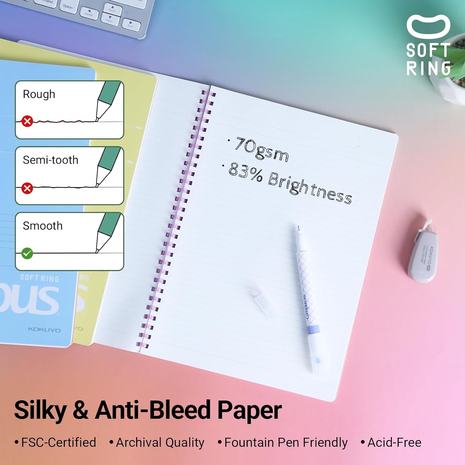 image:imageKOKUYO Spiral Lined Notebook 5 Pack 10 x 7 Pastel Journal B5 Campus Soft Ring Notebooks with Dot 7 mm Ruled 40 Sheets 1 Subject Notebook Note Taking for School SUS111ATA5