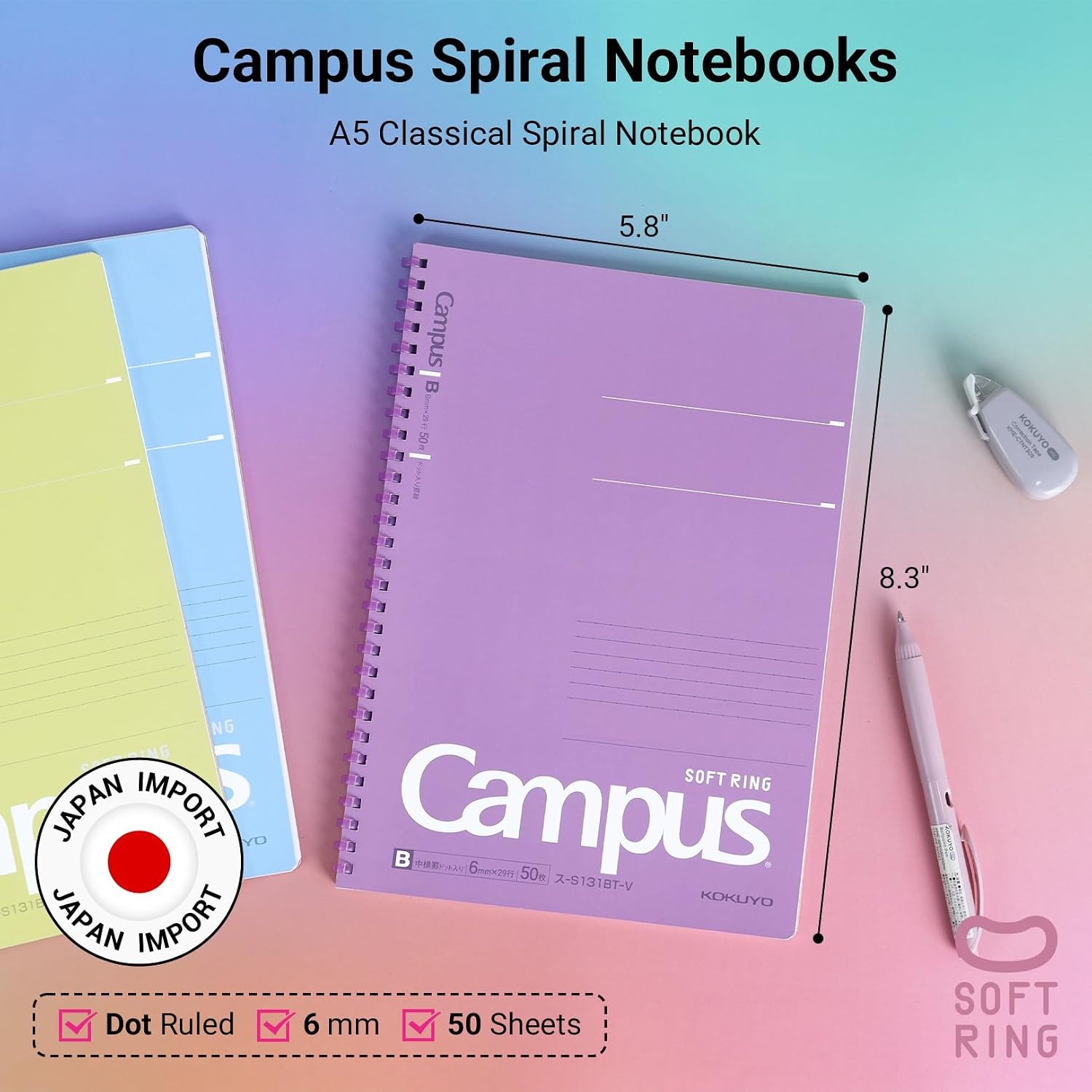 image:imageKOKUYO Spiral Lined Notebook 5 Pack 10 x 7 Pastel Journal B5 Campus Soft Ring Notebooks with Dot 7 mm Ruled 40 Sheets 1 Subject Notebook Note Taking for School SUS111ATA5