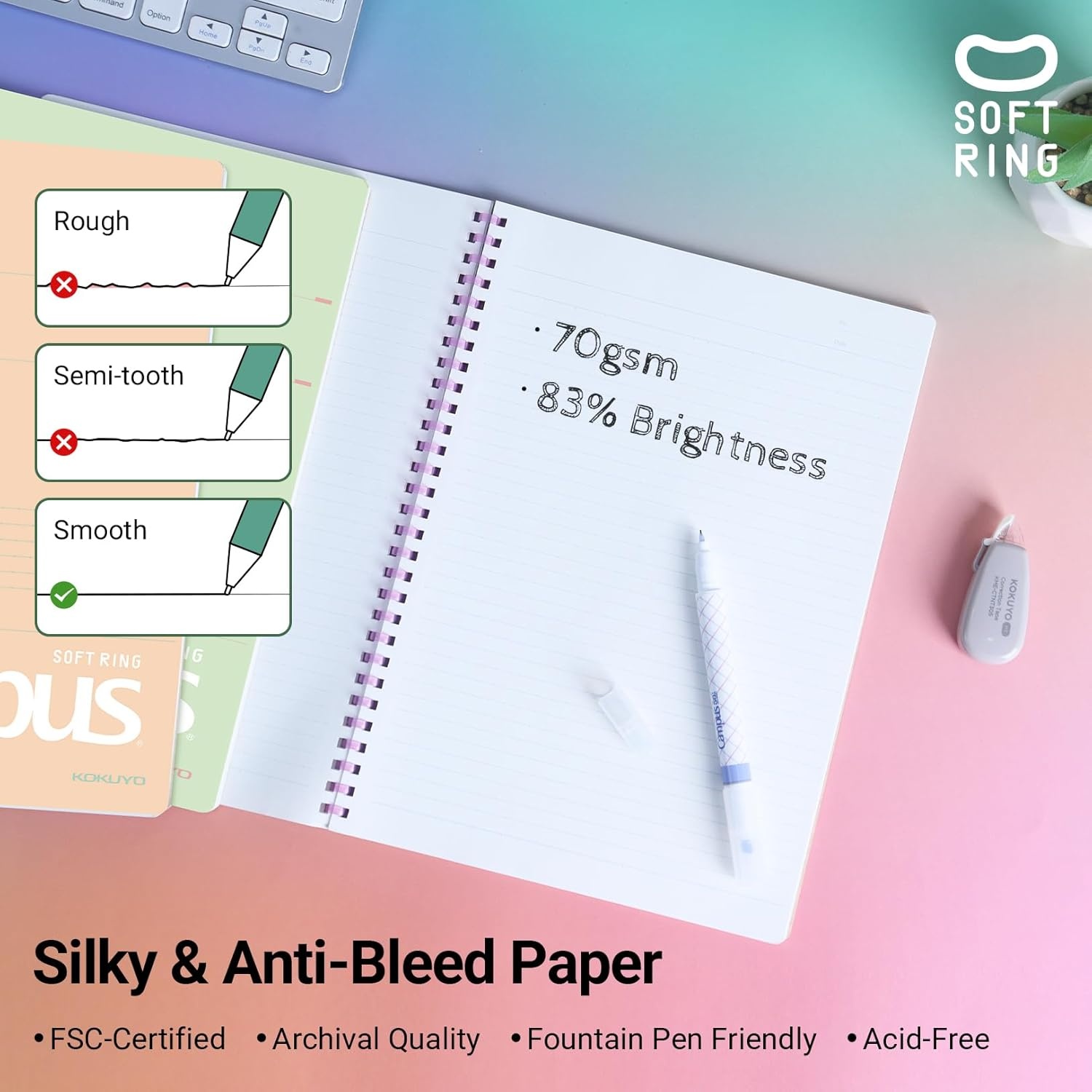 image:imageKOKUYO Spiral Notebook Journal 3 Pack Campus B5 Soft Ring Notebooks with Dotted A 7mm Rule 40 Sheets Cute Animal 1 Subject Notebook in Blue Yellow Green College Office Note TakingMineral Color