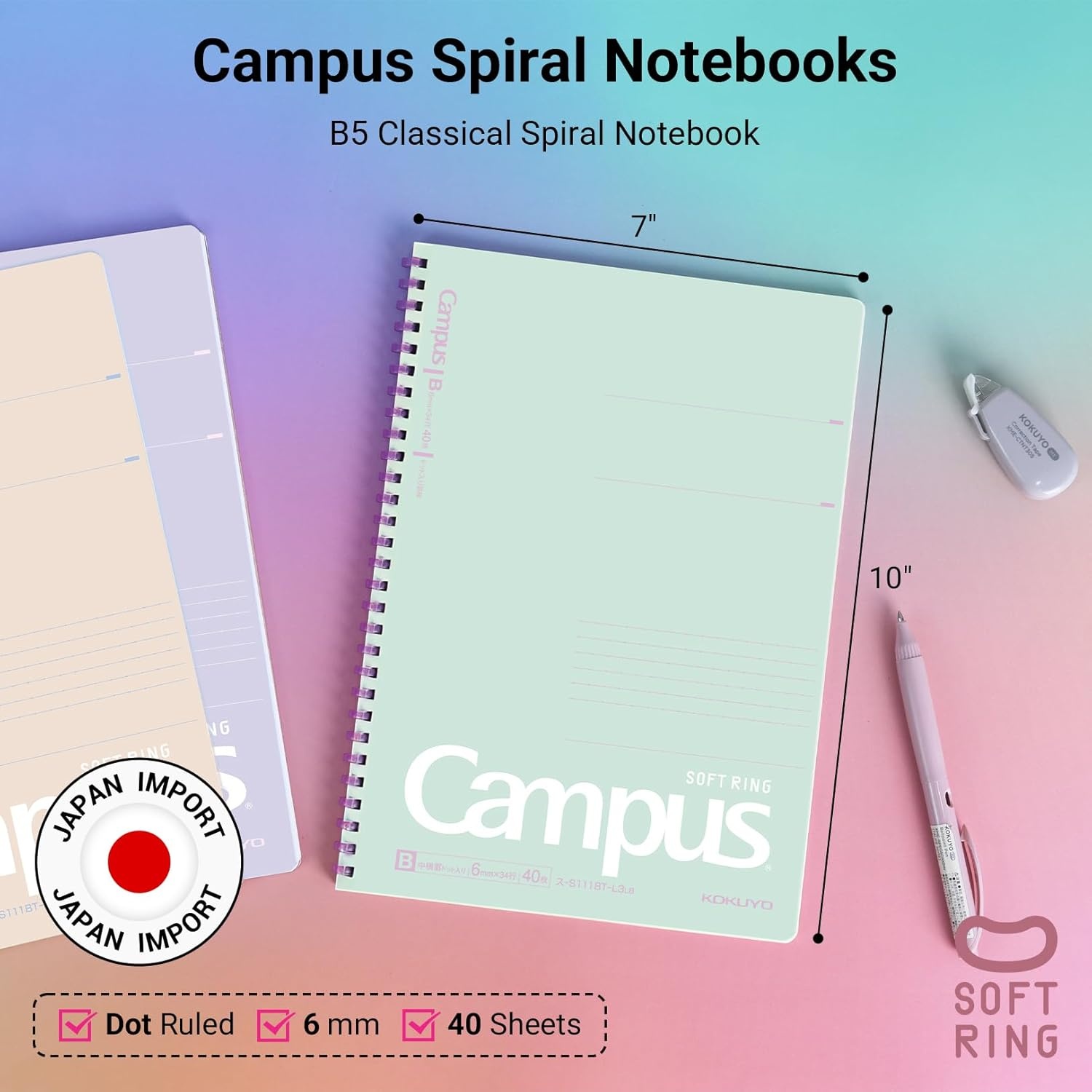 image:imageKOKUYO Spiral Notebook Journal 3 Pack Campus B5 Soft Ring Notebooks with Dotted A 7mm Rule 40 Sheets Cute Animal 1 Subject Notebook in Blue Yellow Green College Office Note TakingMineral Color