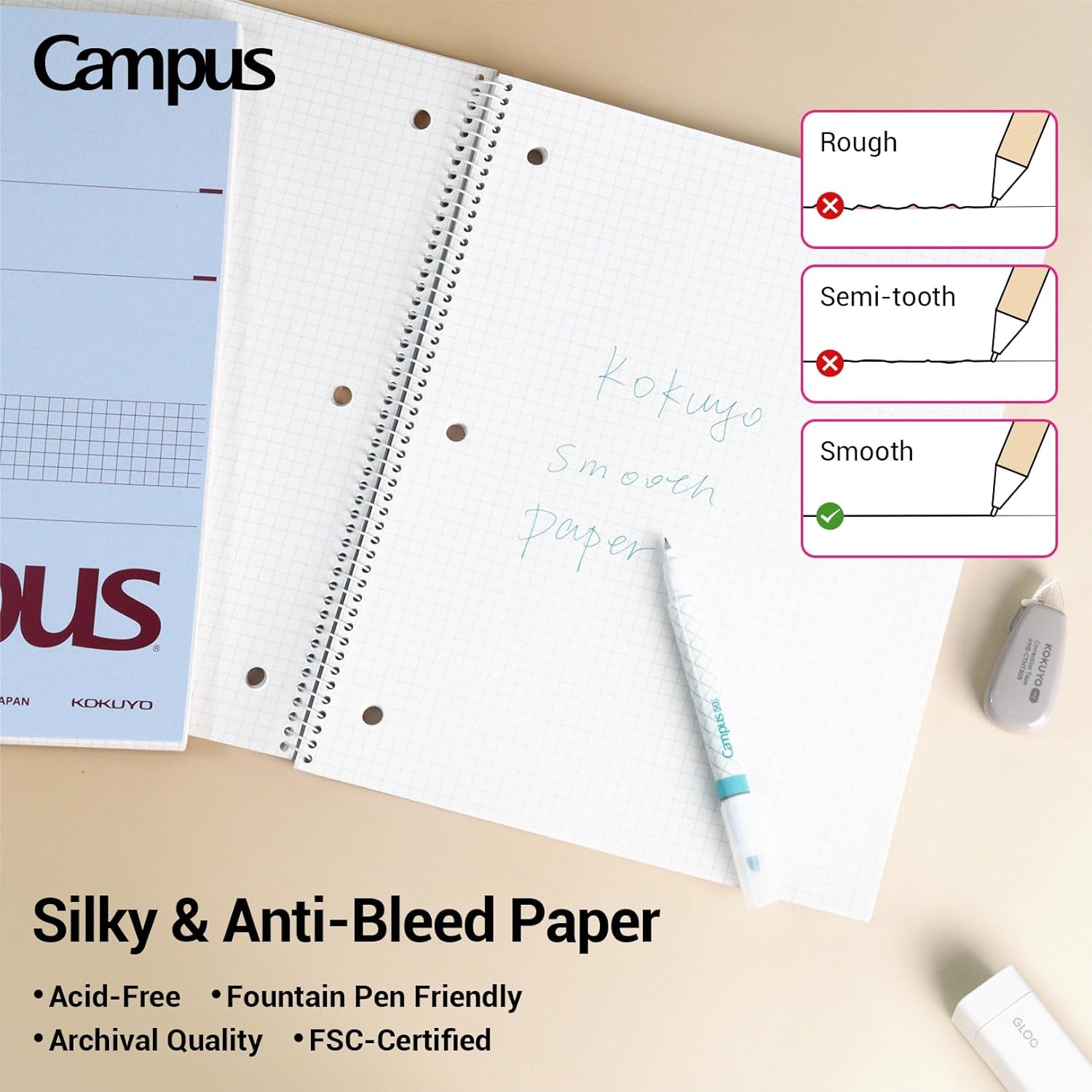 image:imageKOKUYO Spiral Notebook with 5x5 Graph Paper 3 Pack Campus 1012 x 8 Subject Notebooks 80 Sheets Light Pink Blue OffWhite 3 Holes School Spiral Journal for Study Planner Drawing WSGSU400G43 Paper