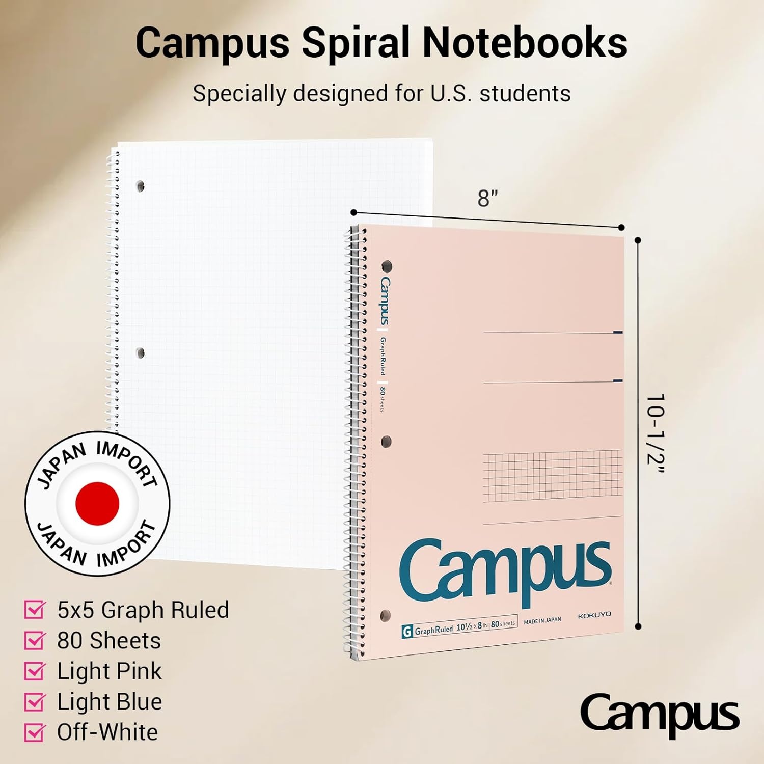 image:imageKOKUYO Spiral Notebook with 5x5 Graph Paper 3 Pack Campus 1012 x 8 Subject Notebooks 80 Sheets Light Pink Blue OffWhite 3 Holes School Spiral Journal for Study Planner Drawing WSGSU400G43 Paper