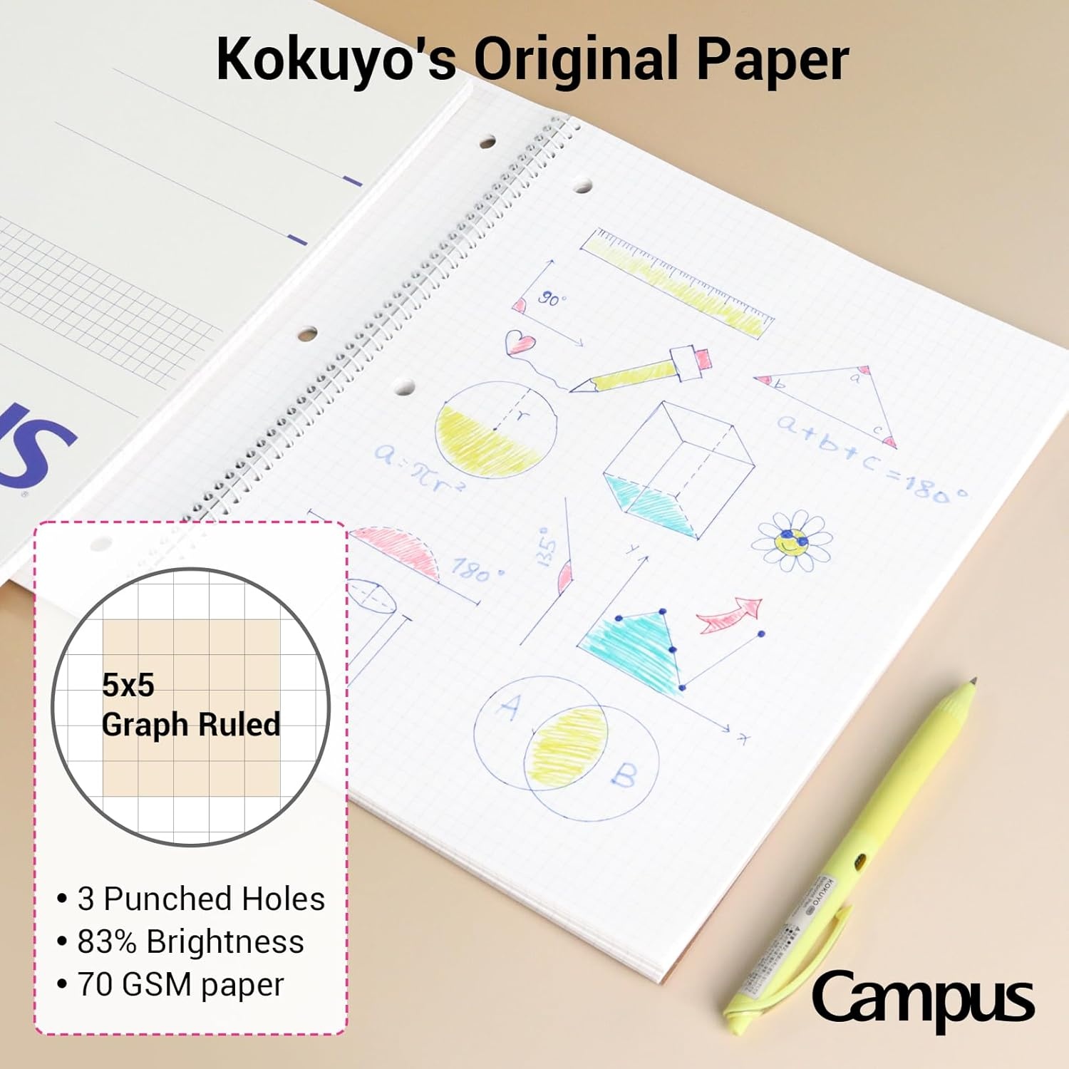 image:imageKOKUYO Spiral Notebook with 5x5 Graph Paper 3 Pack Campus 1012 x 8 Subject Notebooks 80 Sheets Light Pink Blue OffWhite 3 Holes School Spiral Journal for Study Planner Drawing WSGSU400G43 Paper