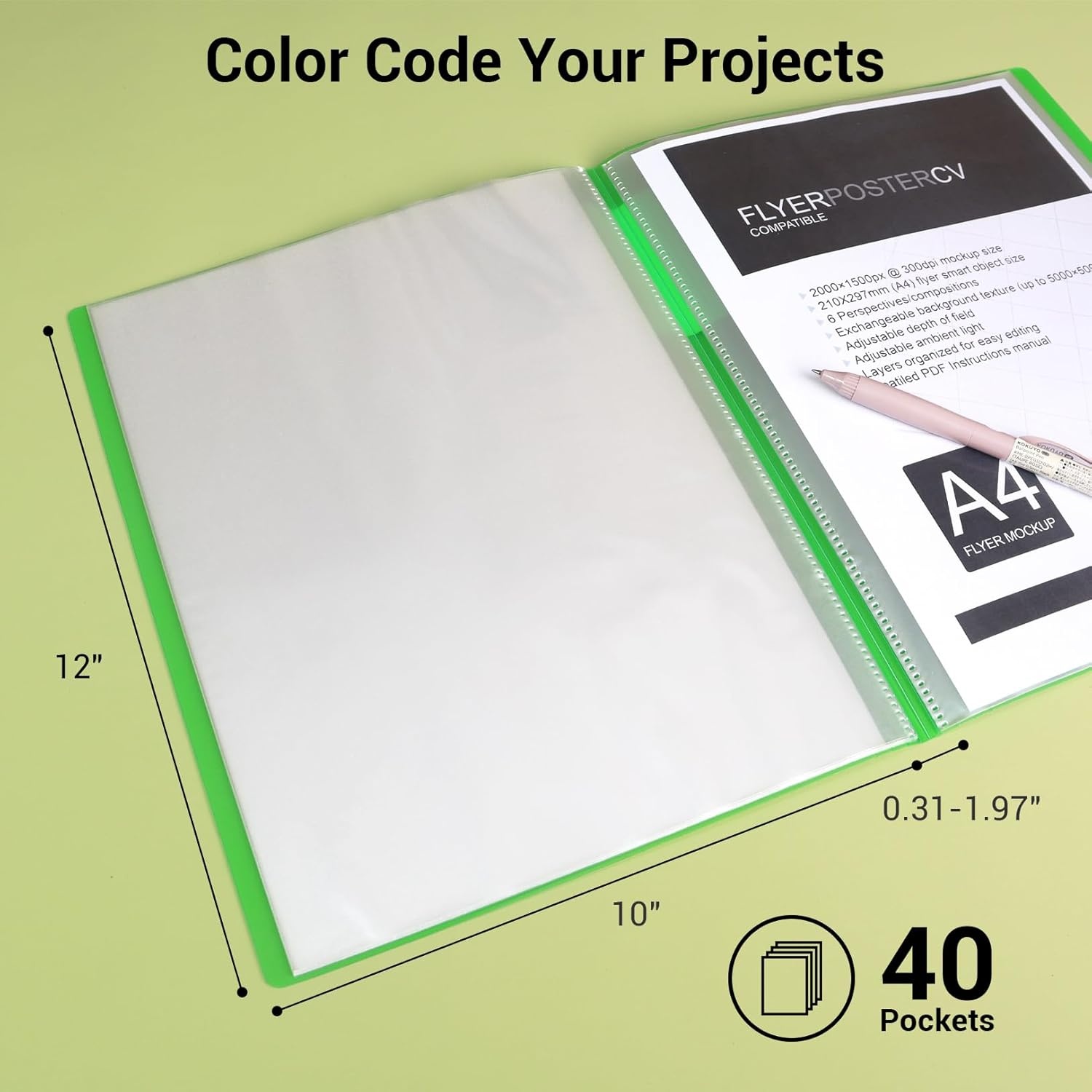 image:imageKokuyo 40Pocket Binder with Plastic Sleeves 85x11 Green A4 and US Letter Expandable Art Portfolio Folder with Clear Sheet Protectors 80 Pages of Presentation Display Book RAN40GBlack