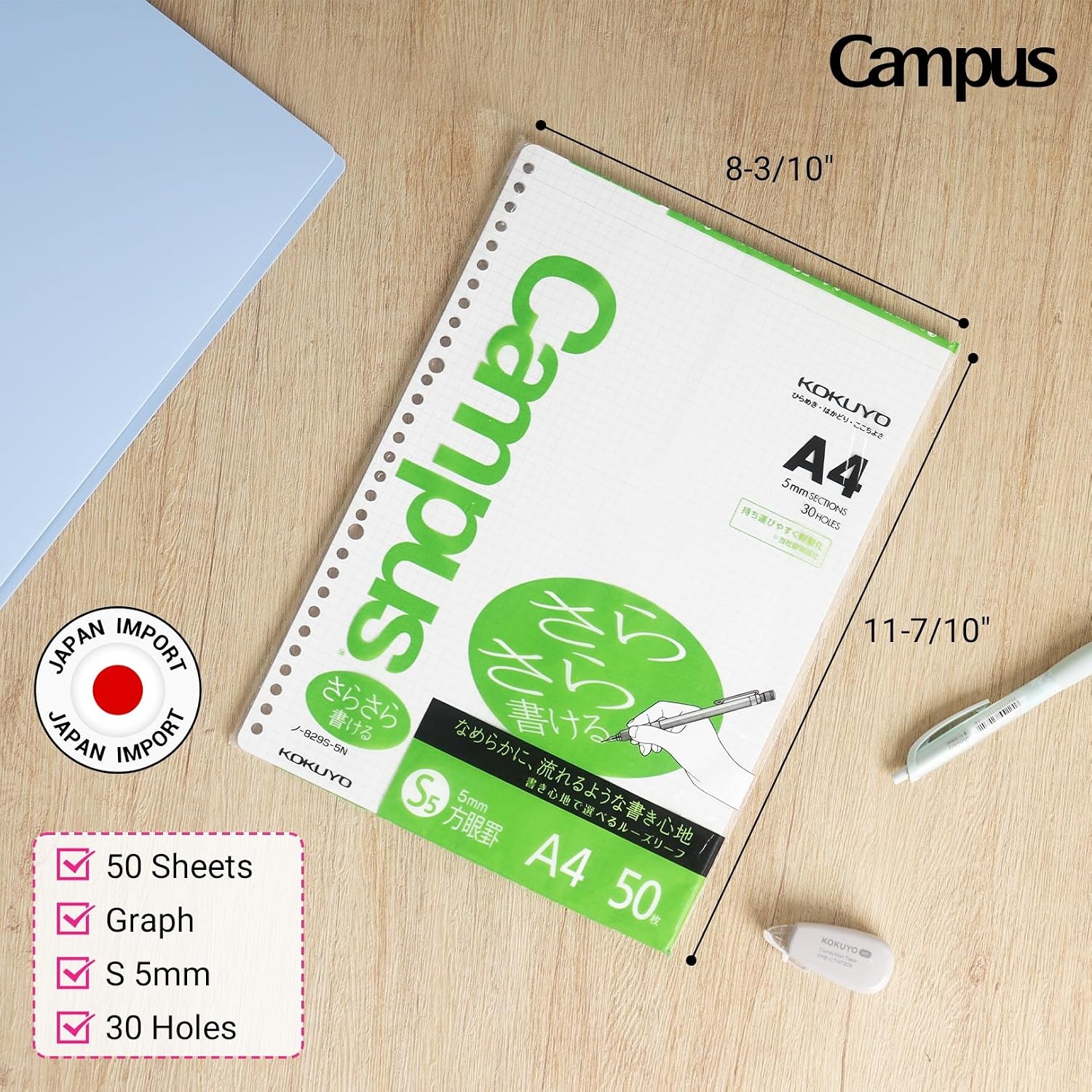 image:imageKokuyo Campus Loose Leaf Paper A4 Filler Paper with 5x5 Graph 50 Sheets 75 GSM Sarasara Smooth Writing 30 Holes 1134x814 Binder Notebook Bleed Resistant Paper NO829S5N