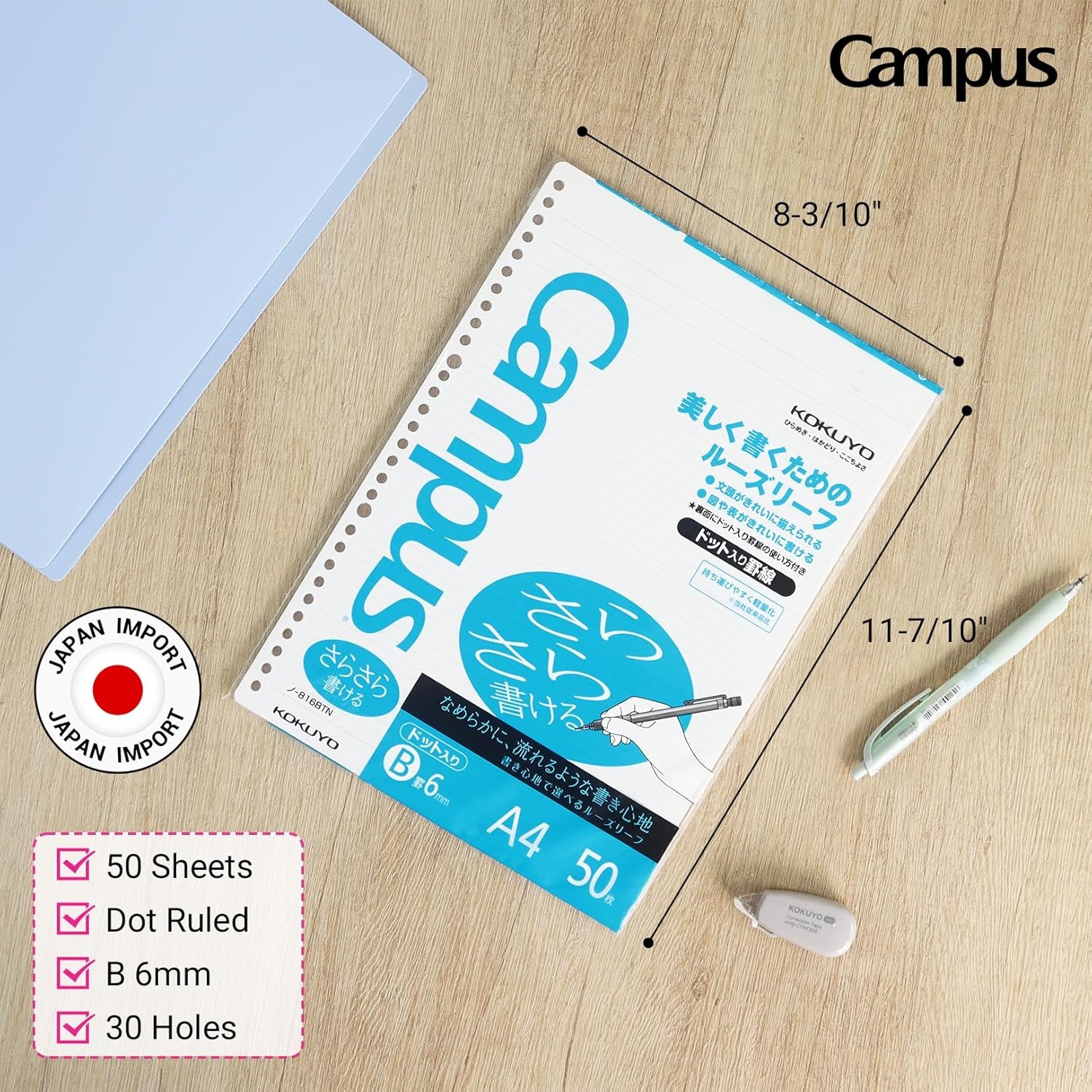 image:imageKokuyo Campus Loose Leaf Paper A4 Filler Paper with B 6mm Dot Ruled 50 Sheets 75 GSM Sarasara Smooth Writing 30 Holes 1134x814 Binder Notebook Bleed Resistant Paper NO816BTN1