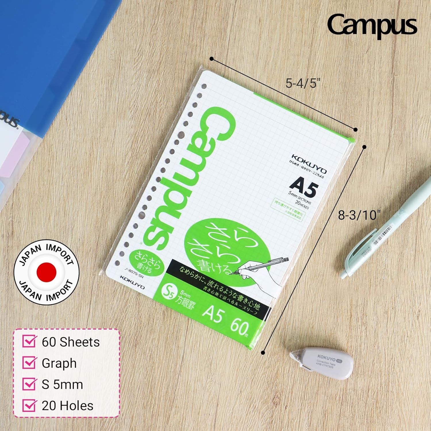 image:imageKokuyo Campus Loose Leaf Paper A5 Filler Paper with 5x5 Graph 60 Sheets 75 GSM Sarasara Smooth Writing 20 Holes 814x6 Binder Notebook Bleed Resistant Paper NO807S5N