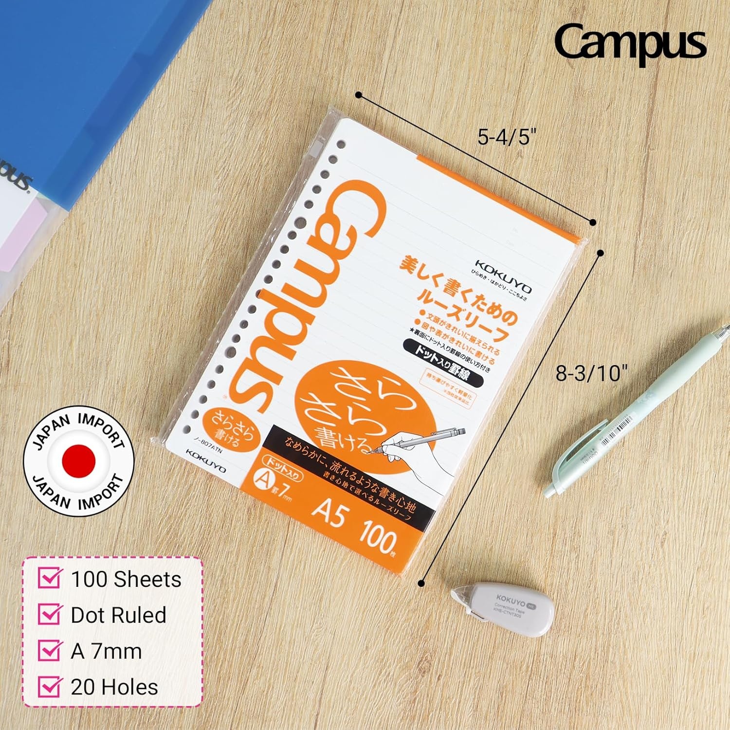 image:imageKokuyo Campus Loose Leaf Paper A5 Filler Paper with A 7mm Dot Ruled 100 Sheets 75 GSM Sarasara Smooth Writing 20 Holes 814x6 Binder Notebook Bleed Resistant Paper NO807ATN