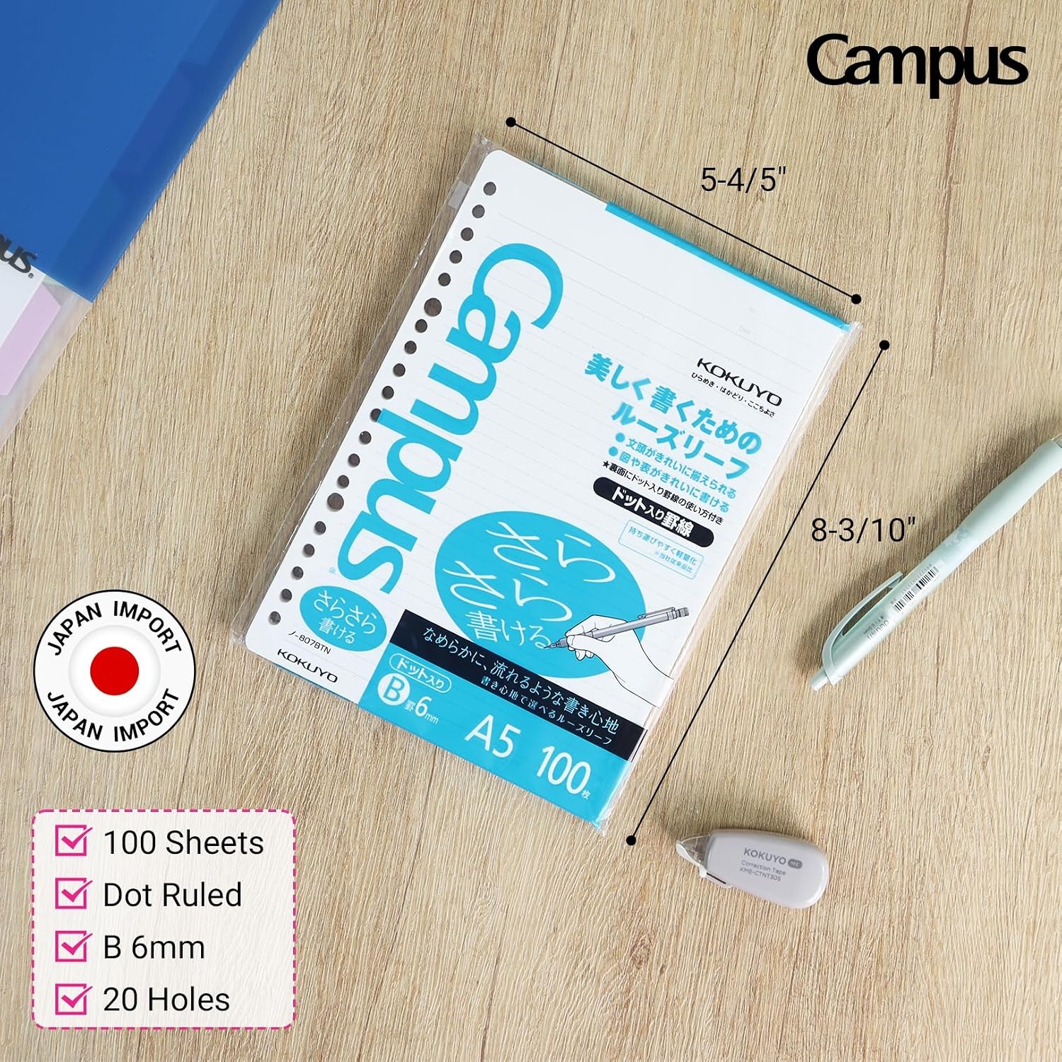 image:imageKokuyo Campus Loose Leaf Paper A5 Filler Paper with B 6mm Dot Ruled 100 Sheets 75 GSM Sarasara Smooth Writing 20 Holes 814x6 Binder Notebook Bleed Resistant Paper NO807BTN1