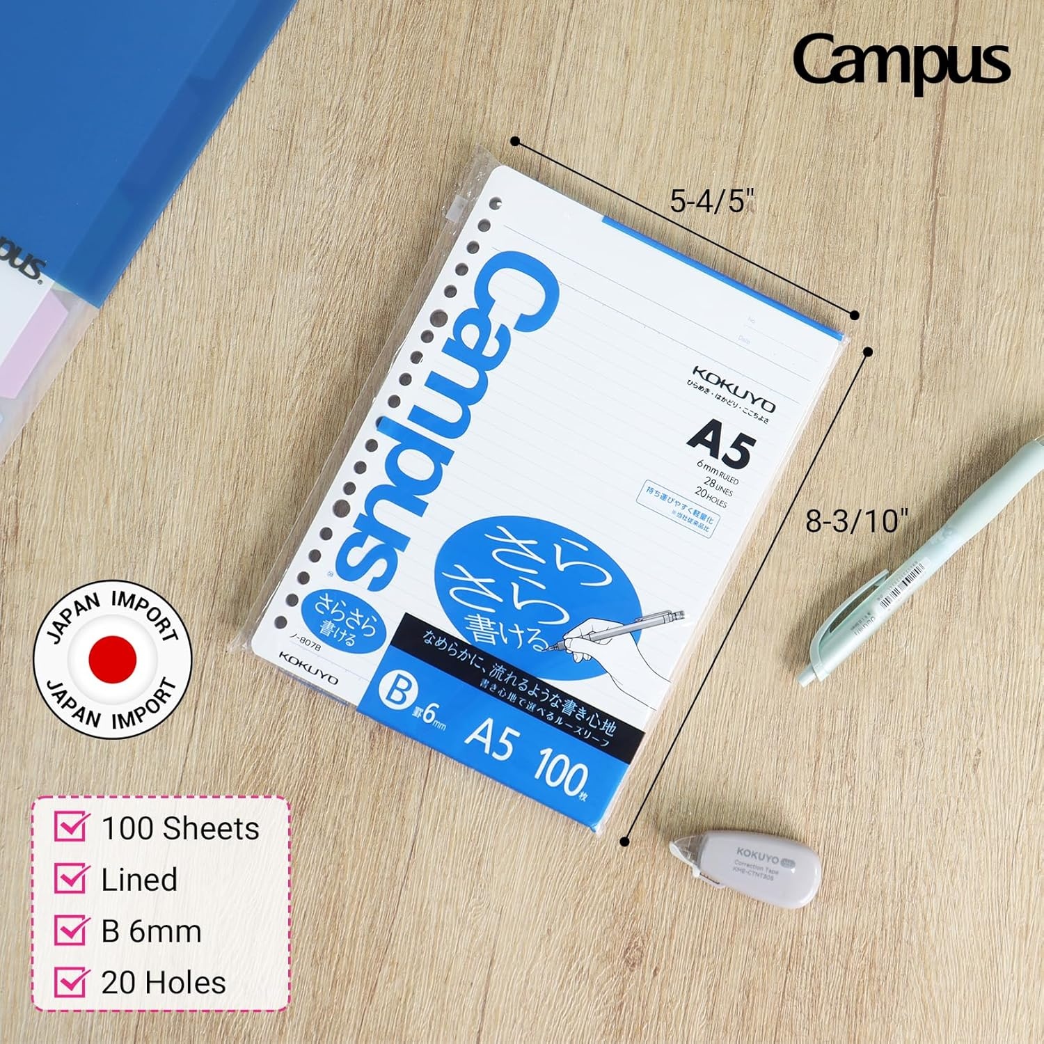 image:imageKokuyo Campus Loose Leaf Paper A5 Filler Paper with B 6mm Ruled 100 Sheets 75 GSM Sarasara Smooth Writing 20 Holes 814x6 Binder Notebook Bleed Resistant Paper NO807B