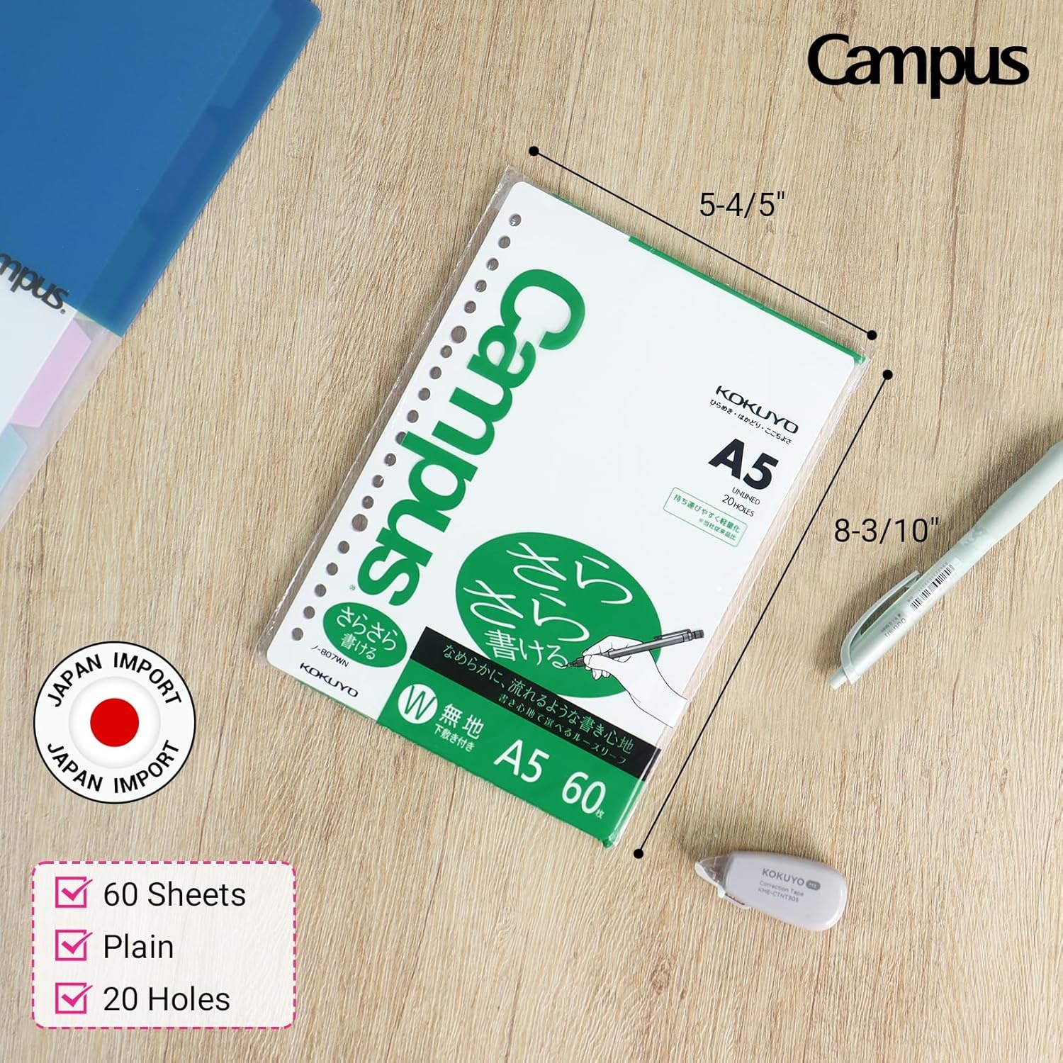 image:imageKokuyo Campus Loose Leaf Paper A5 Plain Filler Paper 60 Sheets 75 GSM Sarasara Smooth Writing 20 Holes 814x6 Binder Notebook Bleed Resistant Paper NO807WN