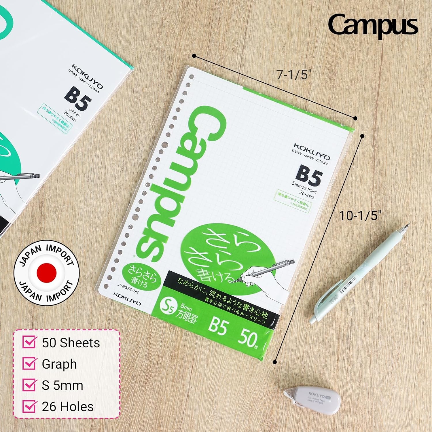image:imageKokuyo Campus Loose Leaf Paper B5 Filler Paper with 5x5 Graph 50 Sheets 75 GSM Sarasara Smooth Writing 26 Holes 1014x714 Binder Notebook Bleed Resistant Paper NO837S5N1