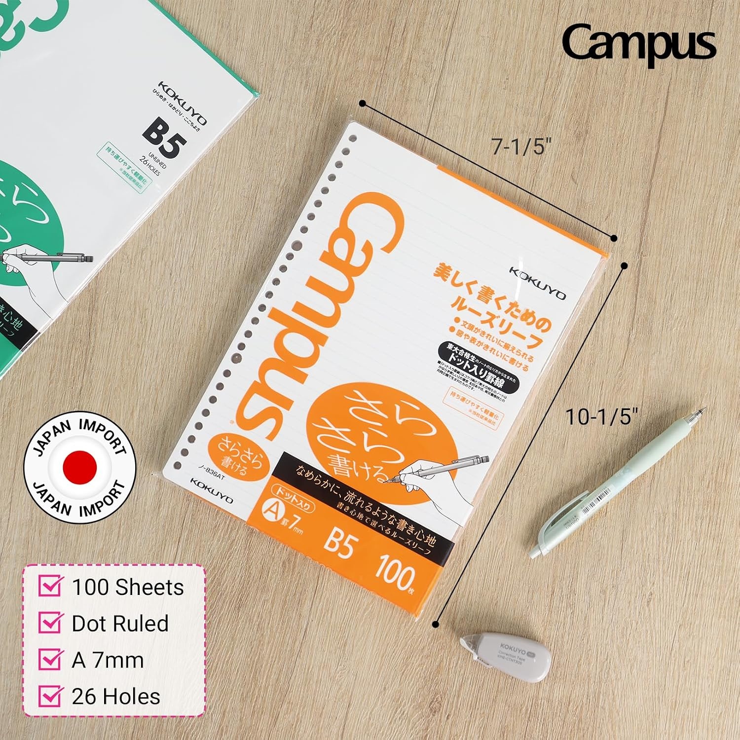 image:imageKokuyo Campus Loose Leaf Paper B5 Filler Paper with A 7mm Dot Ruled 100 Sheets 75 GSM Sarasara Smooth Writing 26 Holes 1014x714 Binder Notebook Bleed Resistant Paper NO836AT2