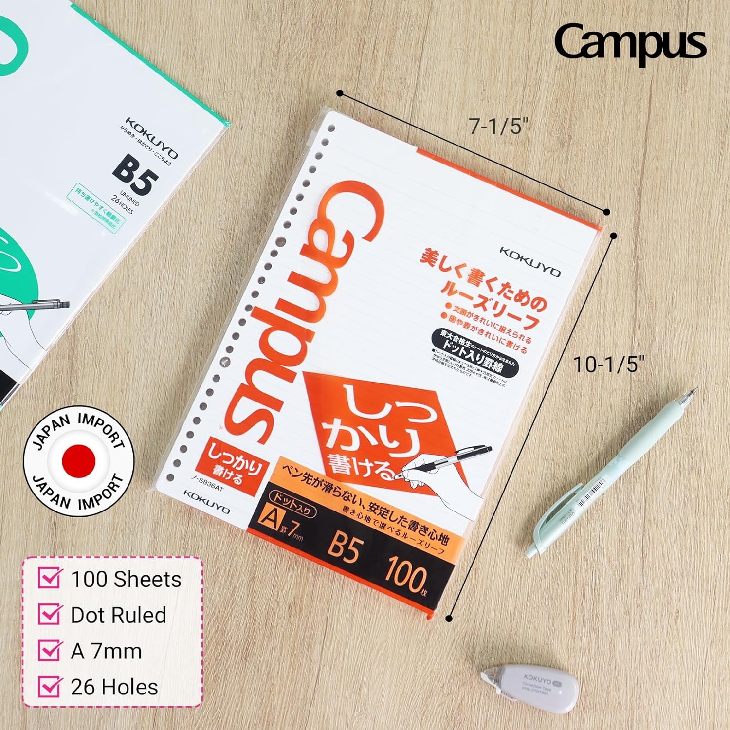 image:imageKokuyo Campus Loose Leaf Paper B5 Filler Paper with A 7mm Dot Ruled 100 Sheets 75 GSM Shikkari Firm Writing 26 Holes 1014x714 Binder Notebook Bleed Resistant Paper NOS836AT3