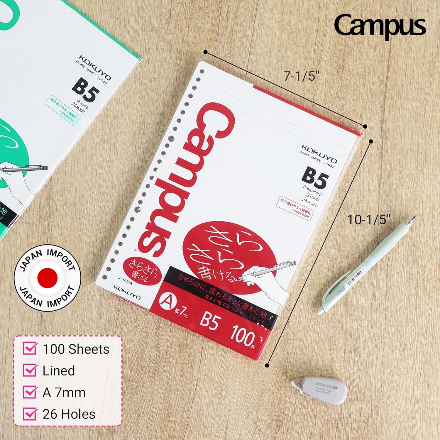 image:imageKokuyo Campus Loose Leaf Paper B5 Filler Paper with A 7mm Ruled 100 Sheets 75 GSM Sarasara Smooth Writing 26 Holes 1014x714 Binder Notebook Bleed Resistant Paper NO836A1