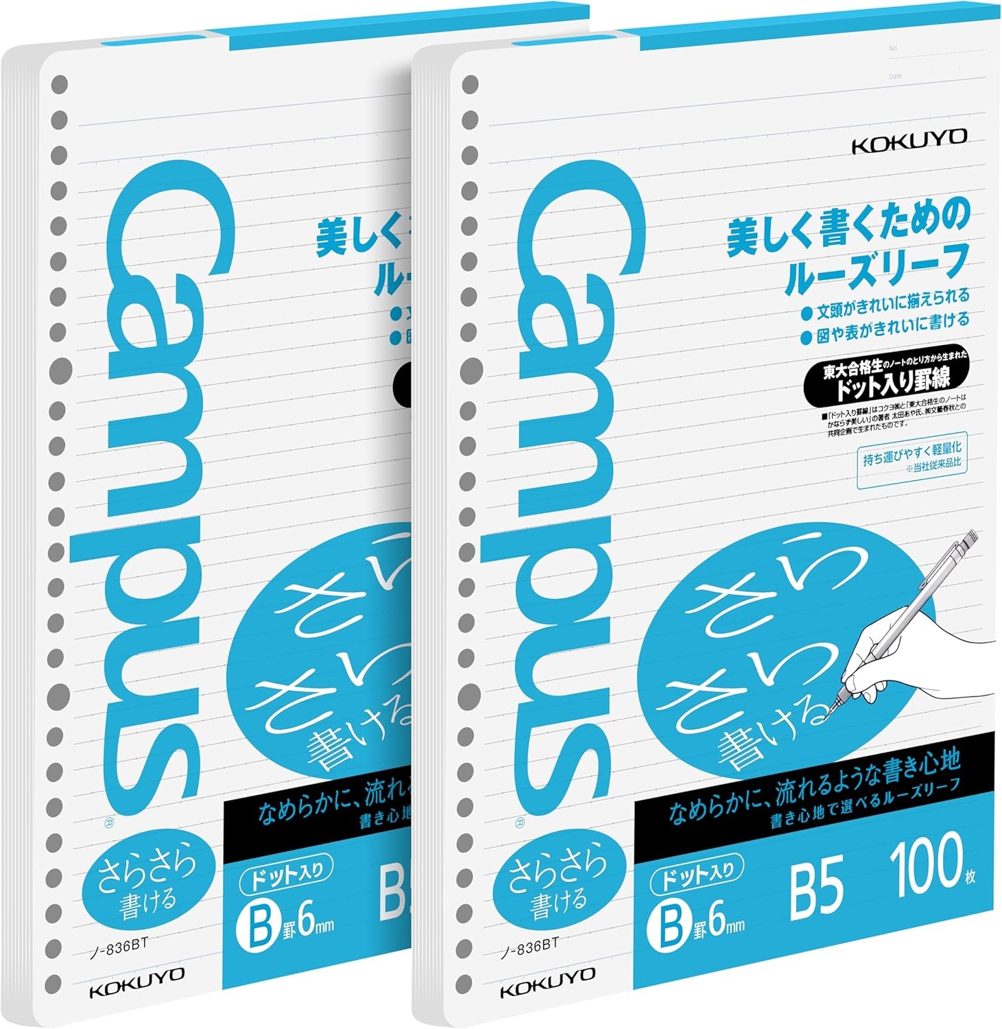 image:imageKokuyo Campus Loose Leaf Paper B5 Filler Paper with B 6mm Dot Ruled 100 Sheets 75 GSM Sarasara Smooth Writing 26 Holes 1014x714 Binder Notebook Bleed Resistant Paper NO836BTB5
