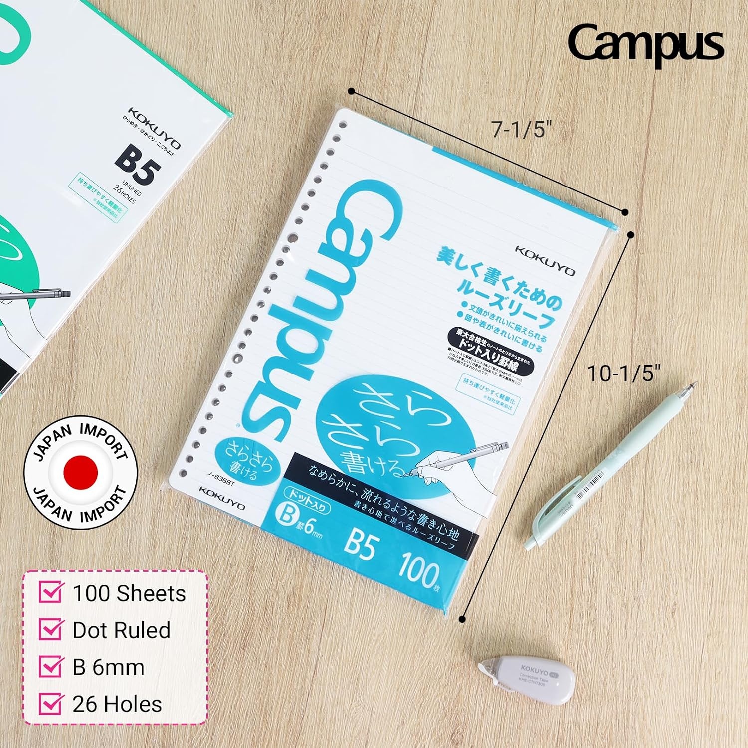 image:imageKokuyo Campus Loose Leaf Paper B5 Filler Paper with B 6mm Dot Ruled 100 Sheets 75 GSM Sarasara Smooth Writing 26 Holes 1014x714 Binder Notebook Bleed Resistant Paper NO836BTB5