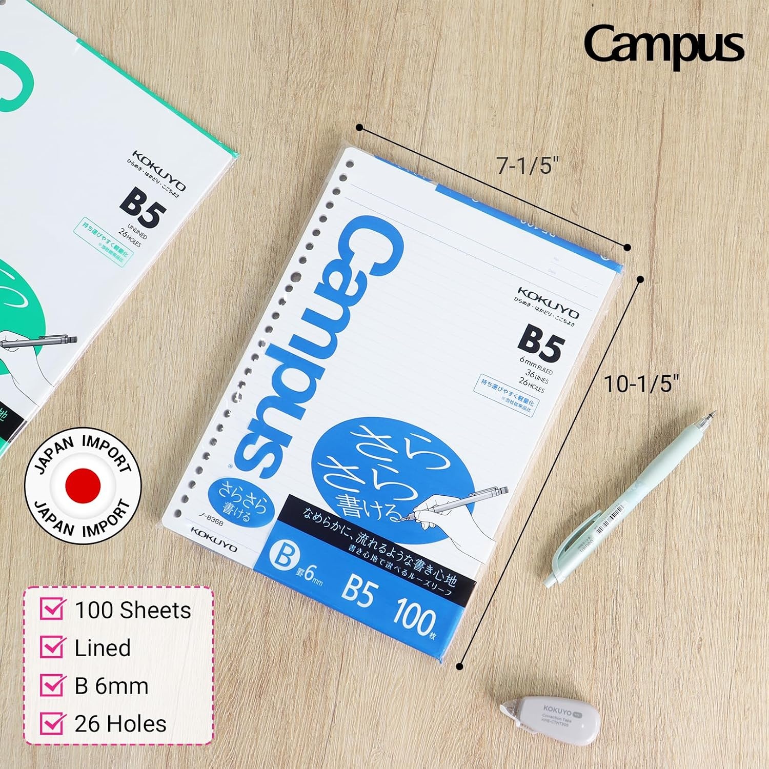 image:imageKokuyo Campus Loose Leaf Paper B5 Filler Paper with B 6mm Ruled 100 Sheets 75 GSM Sarasara Smooth Writing 26 Holes 1014x714 Binder Notebook Bleed Resistant Paper NO836BN1