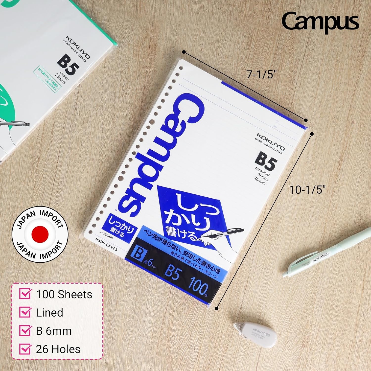 image:imageKokuyo Campus Loose Leaf Paper B5 Filler Paper with B 6mm Ruled 100 Sheets 77 GSM Shikkari Firm Writing 26 Holes 1014x714 Binder Notebook Bleed Resistant Paper NOS836B2