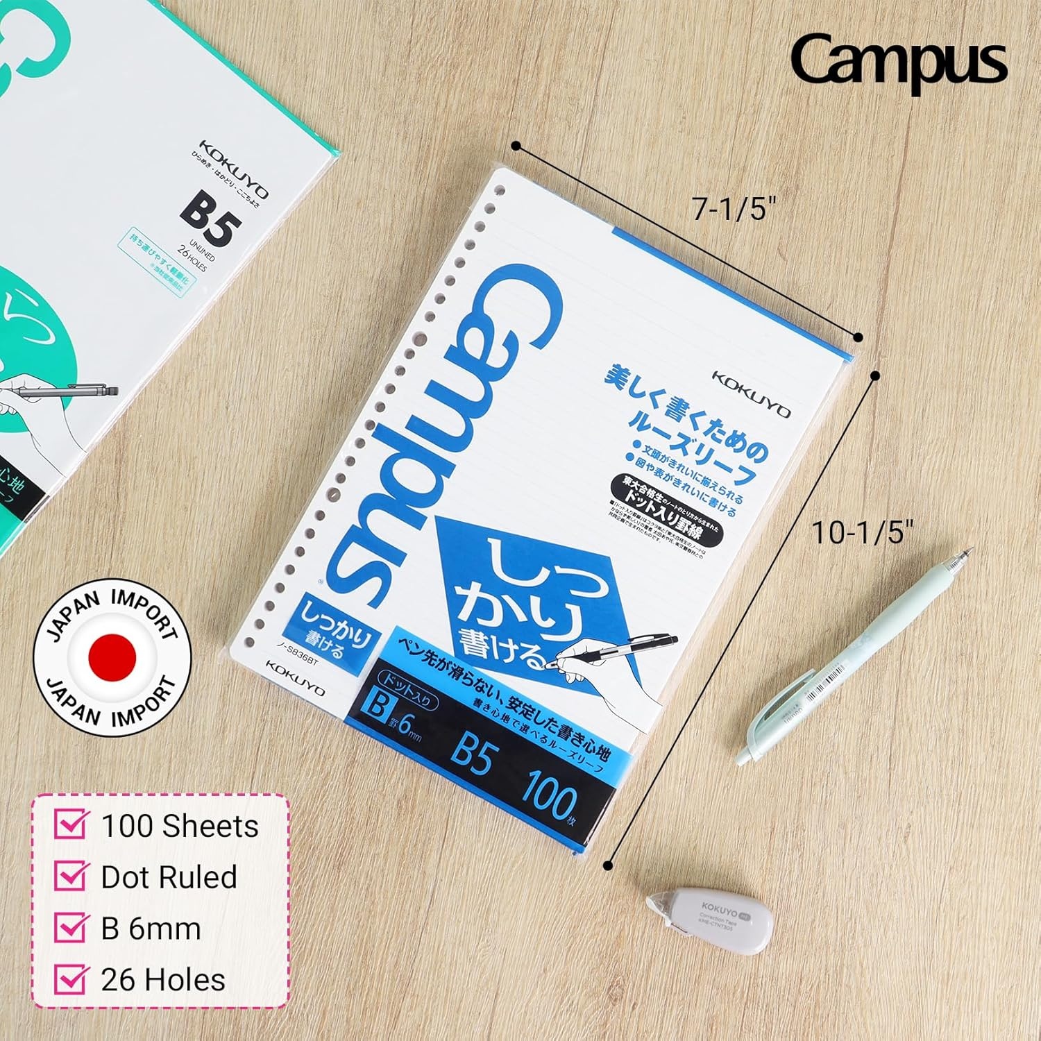 image:imageKokuyo Campus Loose Leaf Paper B5 Filler Paper with B 6mm Ruled 100 Sheets 77 GSM Shikkari Firm Writing 26 Holes 1014x714 Binder Notebook Bleed Resistant Paper NOS836B5