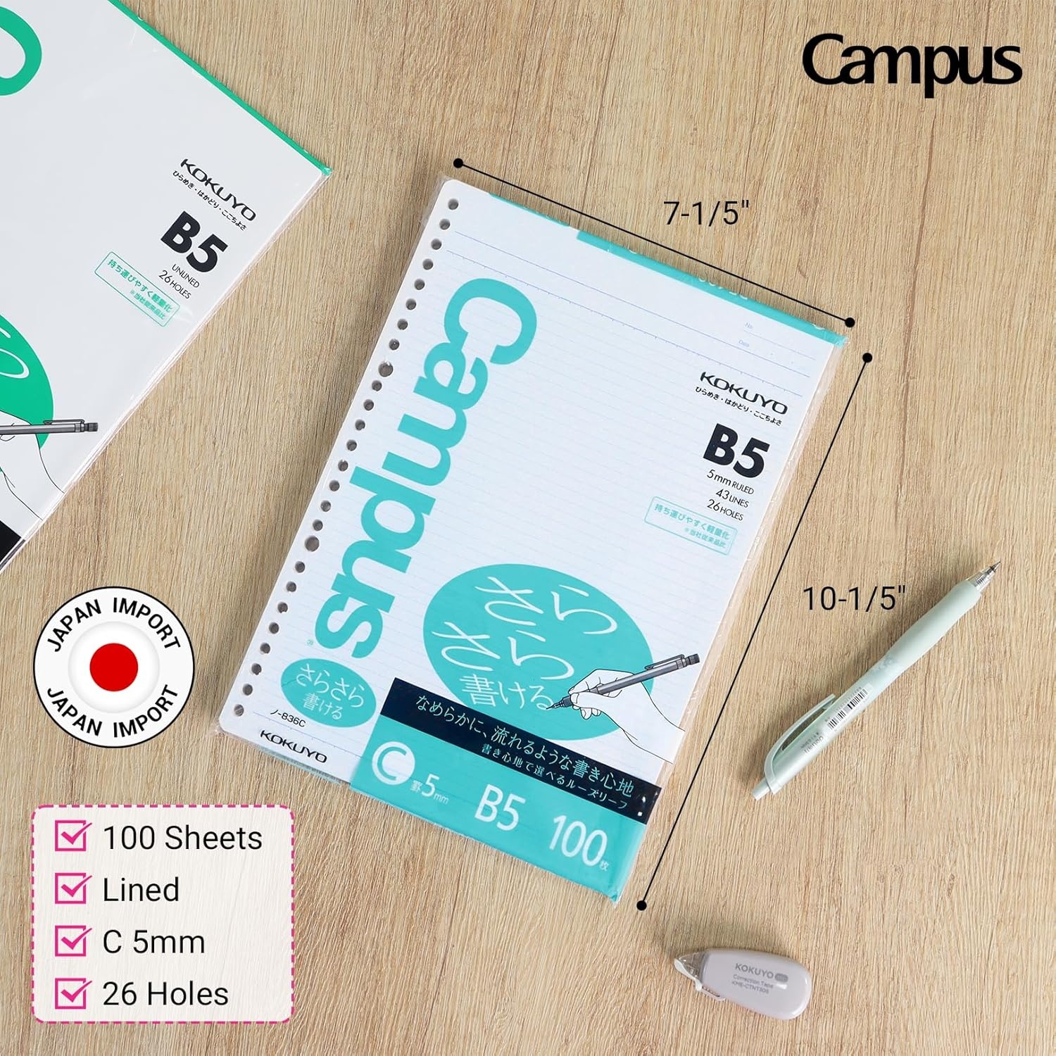 image:imageKokuyo Campus Loose Leaf Paper B5 Filler Paper with C 5mm Ruled 100 Sheets 75 GSM Sarasara Smooth Writing 26 Holes 1014x714 Binder Notebook Bleed Resistant Paper NO836C1