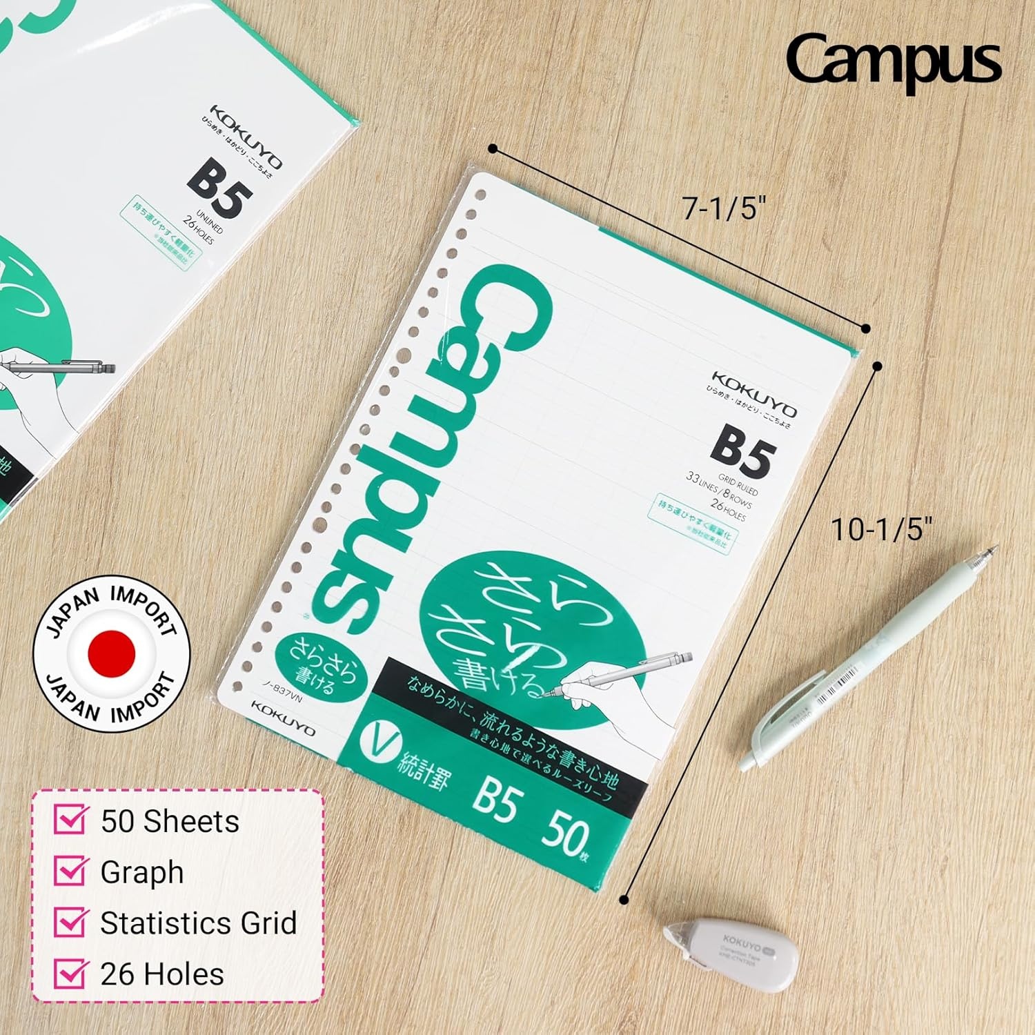 image:imageKokuyo Campus Loose Leaf Paper B5 Filler Paper with Statistics Graph 50 Sheets 75 GSM Sarasara Smooth Writing 26 Holes 1014x714 Binder Notebook Bleed Resistant Paper NO837VN