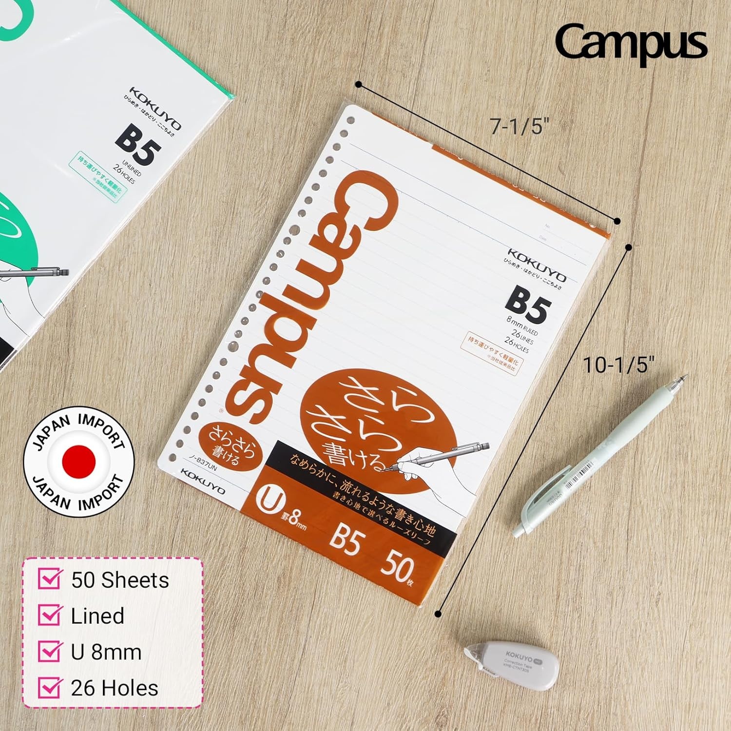 image:imageKokuyo Campus Loose Leaf Paper B5 Filler Paper with U 8mm Ruled 50 Sheets 75 GSM Sarasara Smooth Writing 26 Holes 1014x714 Binder Notebook Bleed Resistant Paper NO837UNSarasara Smooth