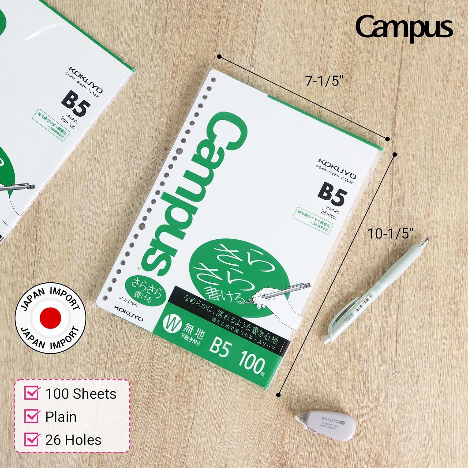 image:imageKokuyo Campus Loose Leaf Paper B5 Plain Filler Paper 100 Sheets 75 GSM Sarasara Smooth Writing 26 Holes 1014x714 Binder Notebook Bleed Resistant Paper NO837WE1