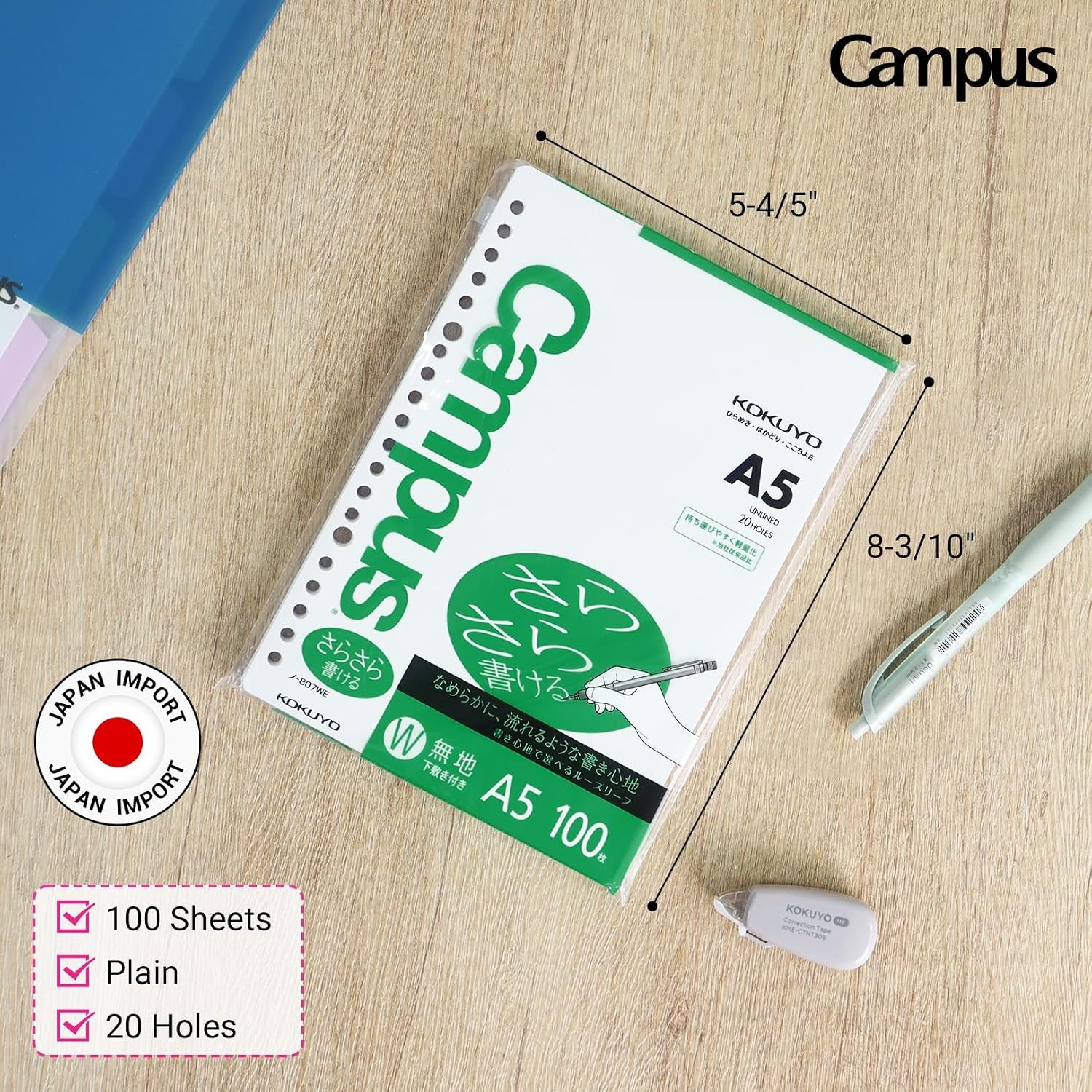 image:imageKokuyo Campus Loose Leaf Paper B5 Plain Filler Paper 100 Sheets 75 GSM Sarasara Smooth Writing 26 Holes 1014x714 Binder Notebook Bleed Resistant Paper NO837WE1
