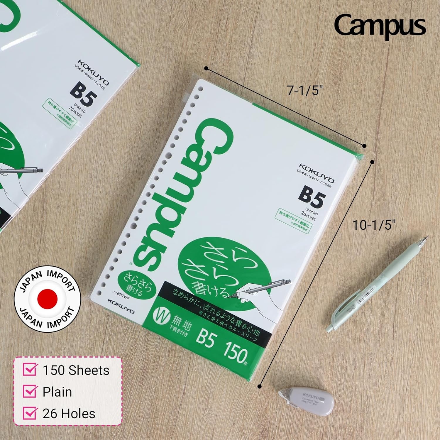 image:imageKokuyo Campus Loose Leaf Paper B5 Plain Filler Paper 150 Sheets 75 GSM Sarasara Smooth Writing 26 Holes 1014x714 Binder Notebook Bleed Resistant Paper NO837WF1