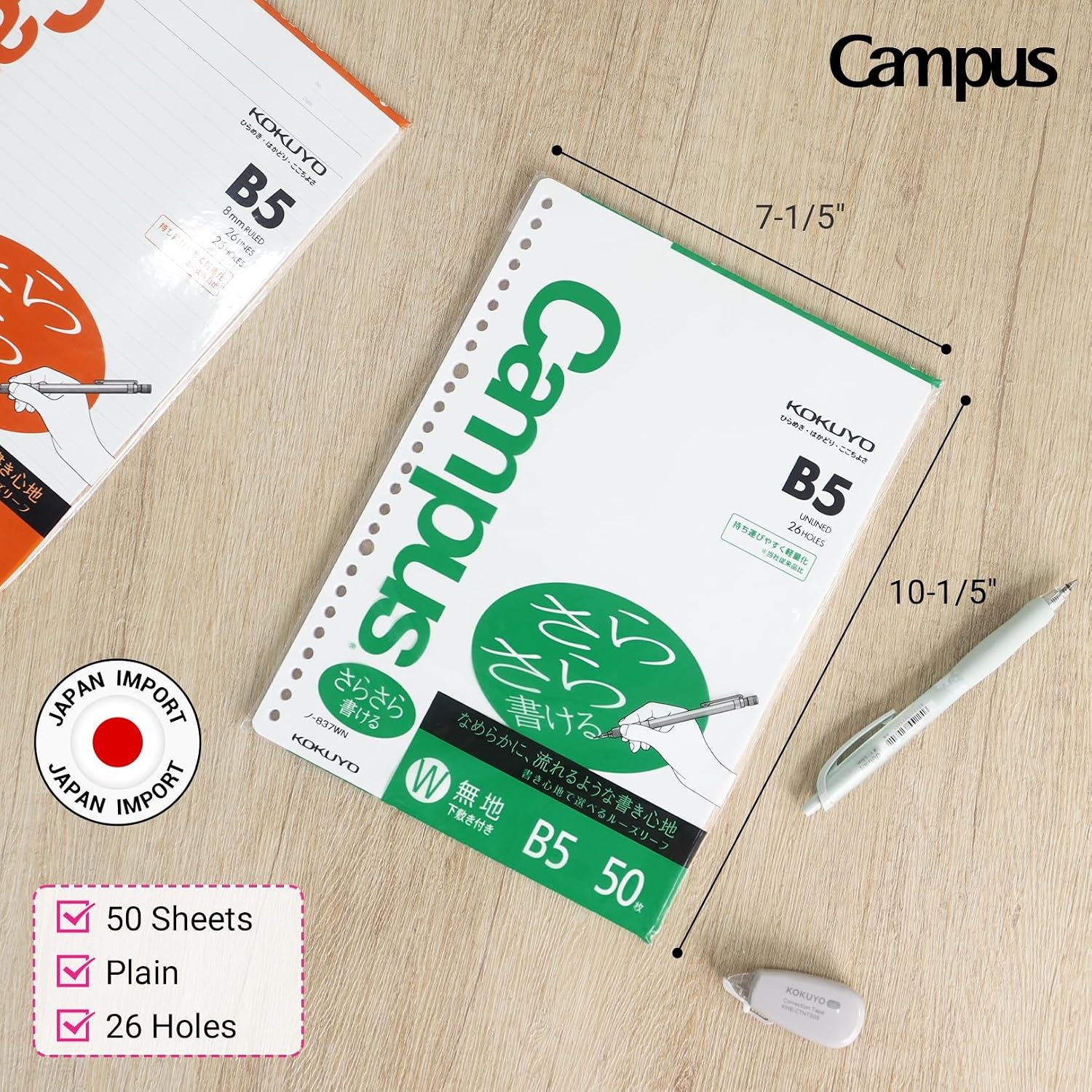 image:imageKokuyo Campus Loose Leaf Paper B5 Plain Filler Paper 50 Sheets 75 GSM Sarasara Smooth Writing 26 Holes 1014x714 Binder Notebook Bleed Resistant Paper NO837WN1
