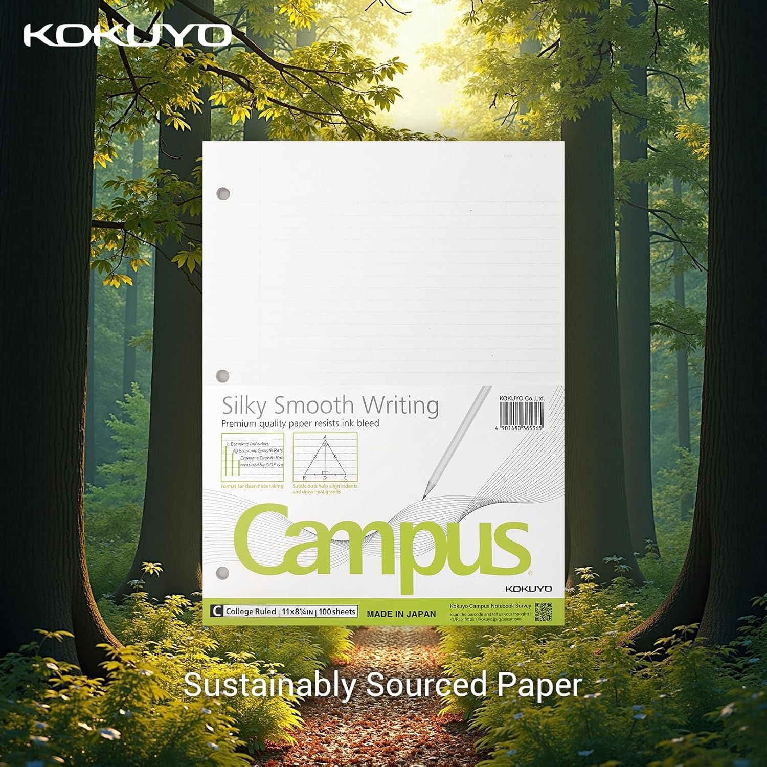 image:imageKokuyo Campus Loose Leaf Paper for 3 Ring Binders 814x11 College Ruled Notebook Paper 100 Sheets 70 GSM Japanese Smooth Paper Prevents Ink Bleeding School Suppliers WSGNO887G15