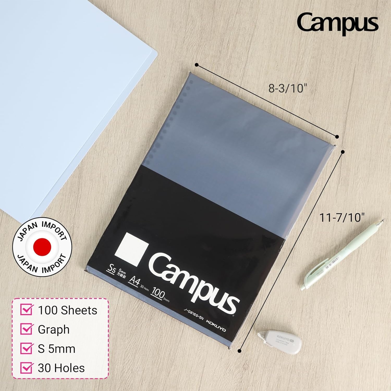 image:imageKokuyo Campus Loose Leaf Paper for Binders Business Type Sarasara Smooth Writing B5 5mm Grid Ruled 26 Holes 120 Sheets pH Neutral Bleed Resistant NOG836S5N