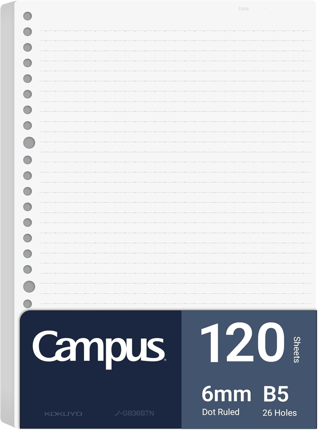 image:imageKokuyo Campus Loose Leaf Paper for Binders Business Type Sarasara Smooth Writing B5 B 6mm Dotted Ruled 26 Holes 38 Lines 120 Sheets pH Neutral Bleed Resistant NOG836BTNDotted
