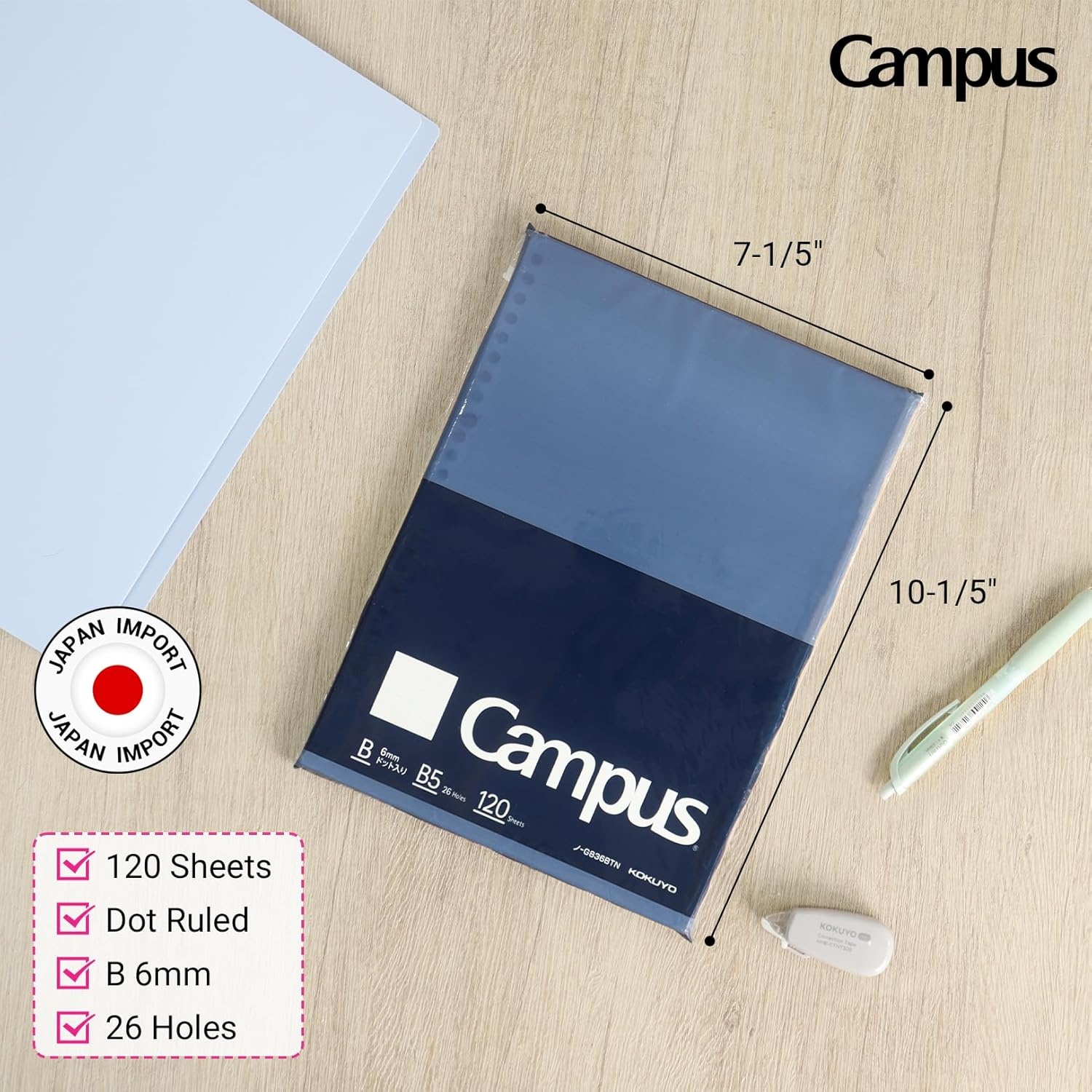 image:imageKokuyo Campus Loose Leaf Paper for Binders Business Type Sarasara Smooth Writing B5 B 6mm Dotted Ruled 26 Holes 38 Lines 120 Sheets pH Neutral Bleed Resistant NOG836BTNDotted