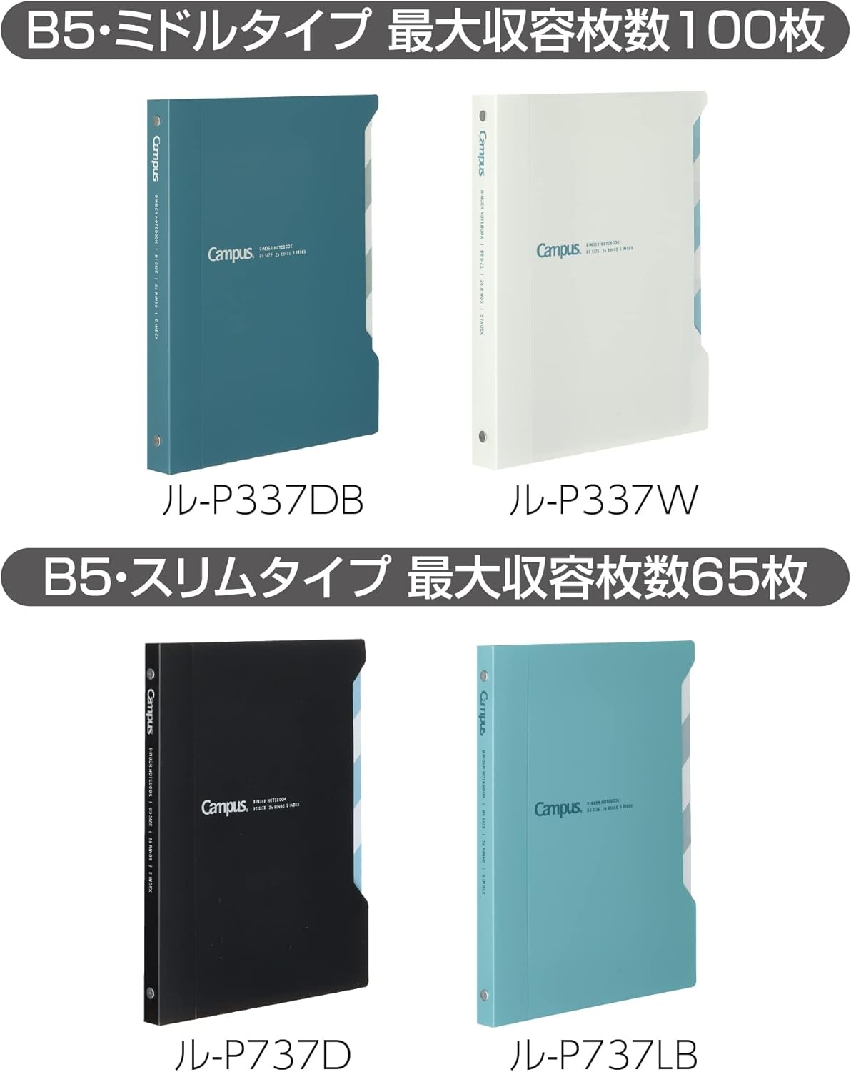 image:imageKokuyo Campus Slide Binder with 5 Tab Dividers Slim Type B5 26 Holes Up to 65 Sheets Black Japan Import RUP737DLight Blue