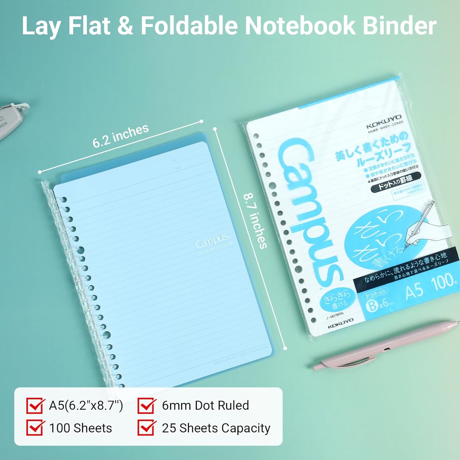 image:imageKokuyo Campus Smart Ring Binders 3 Pack B5 Notebook Binder 100 Sheet 6mm Dot Ruled Refiller Paper 25 Sheet Capacity 26 Rings Light Color Perfect for Work Study amp JournalVivid Color