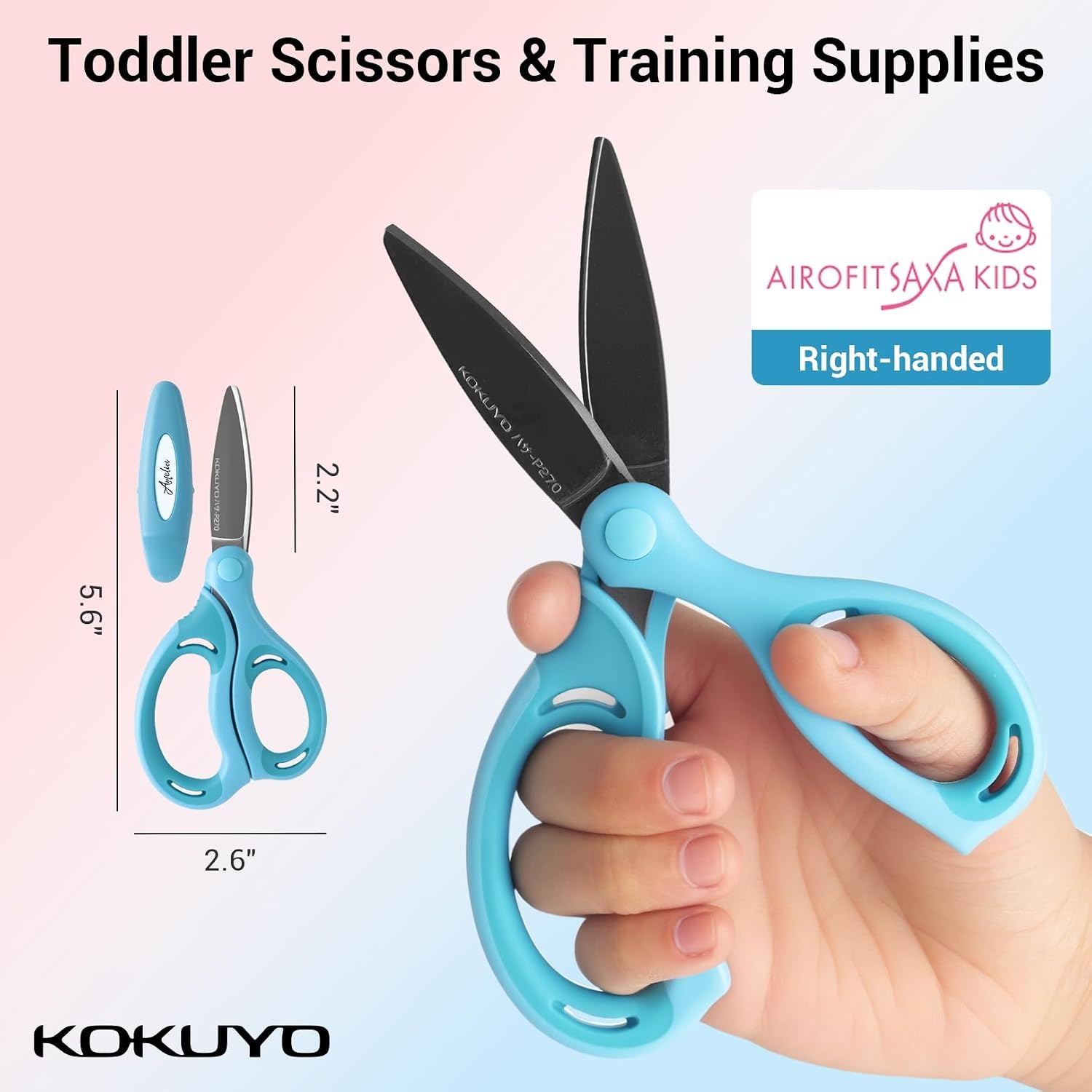 image:imageKokuyo Kids Safety Scissor Ergonomic ChildSafe Crafting Scissor Blunt Tips and Blade Cover Air Cushion Righthanded Childhood Scrapbooking Supplies for Kids Cutter Pink HASAP270PBlue