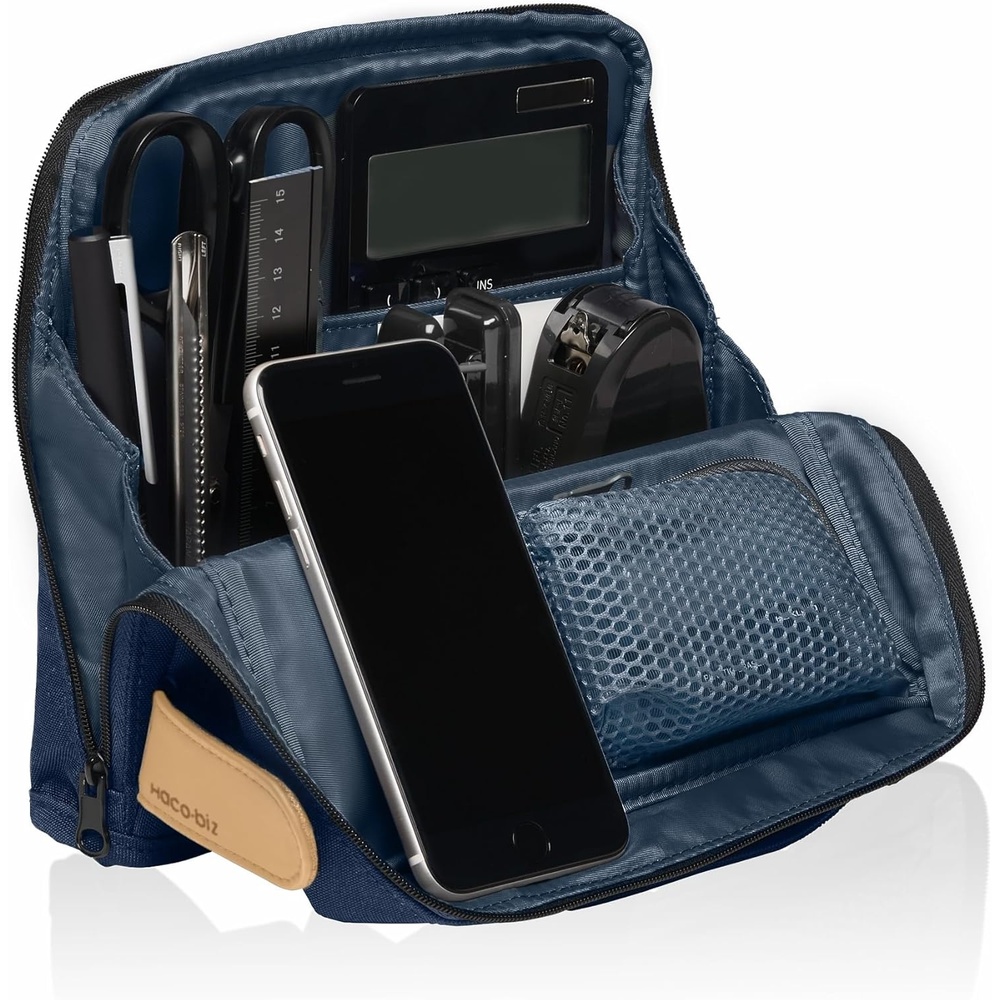 image:imageKOKUYO Pencil Case Pouch HacoBiz Standing Pen Pouch Bag Foldable Stand up Pencil Holder Organizer Large Capacity Portable Pencil Box for Office Supplies Black x Green KAHAHB11DIndigo Blue