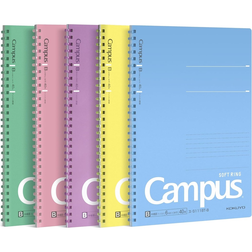 image:imageKOKUYO Spiral Lined Notebook 5 Pack 10 x 7 Pastel Journal B5 Campus Soft Ring Notebooks with Dot 7 mm Ruled 40 Sheets 1 Subject Notebook Note Taking for School SUS111ATB5